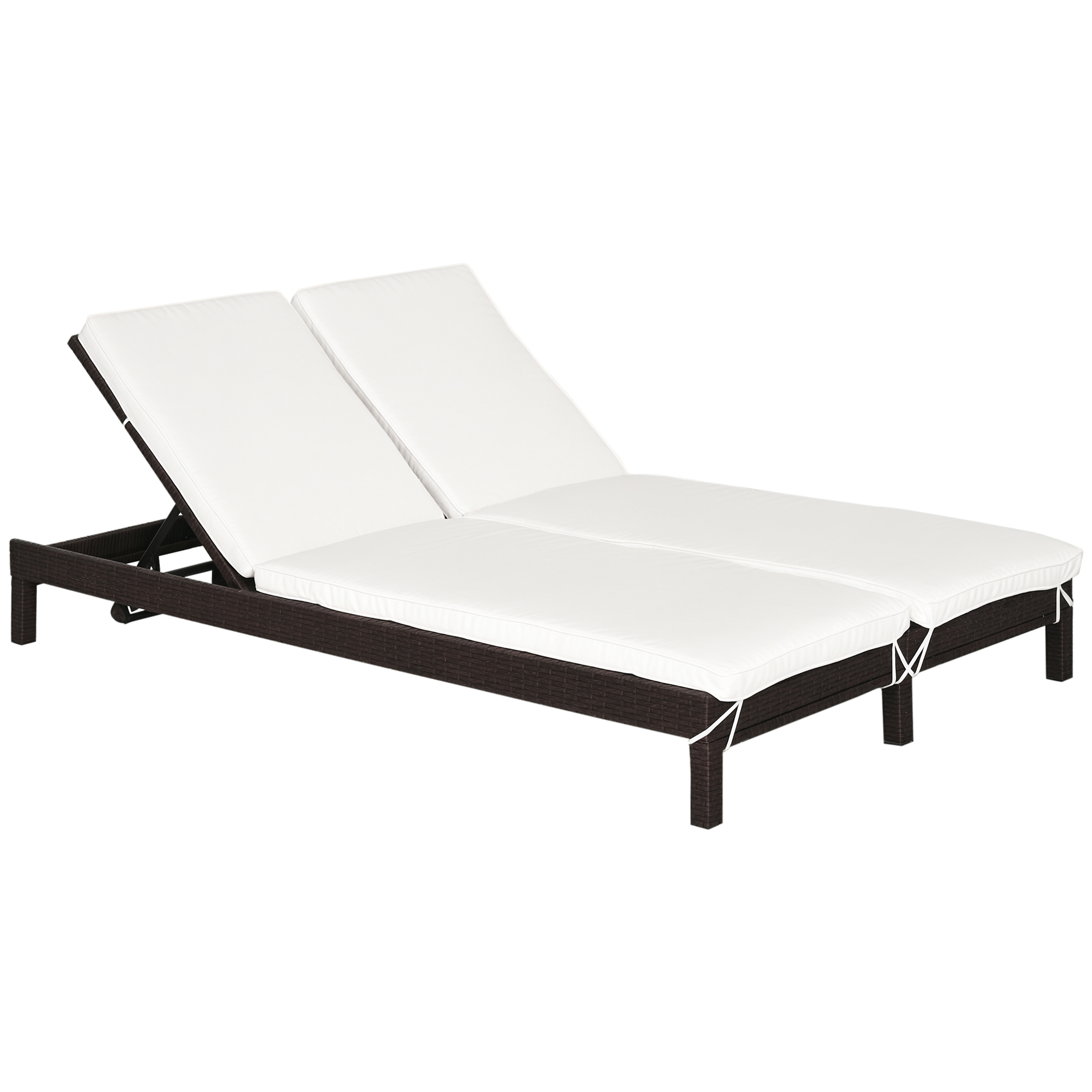 Outsunny Lettino Prendisole a 2 Posti, Sdraio in Acciaio e Rattan, Schienale Regolabile, 195 x 120 x 28cm Marrone e Bianco Crema Aosom