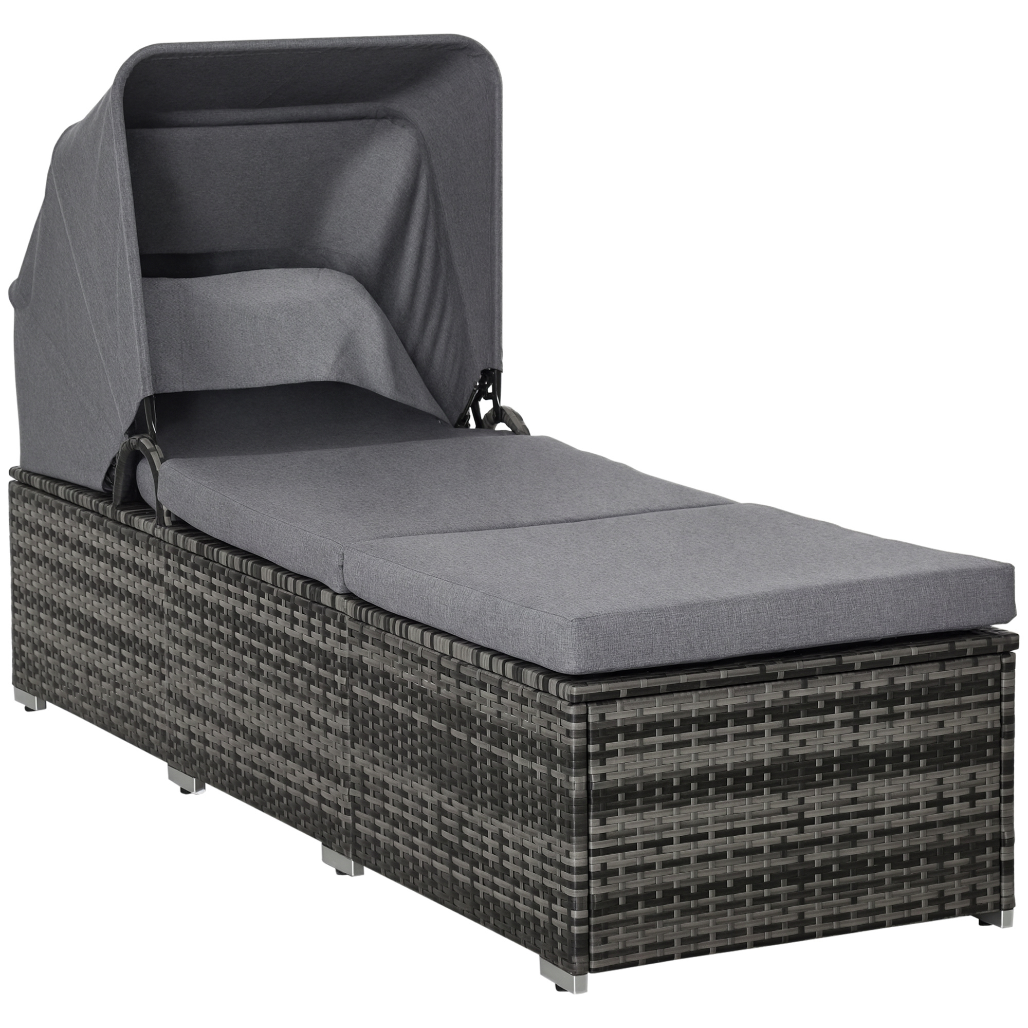 Outsunny Lettino Prendisole in Rattan PE, Chaise Longue con Schienale Reclinabile a 4 Livelli, Tettuccio e Materassino, Grigio Aosom