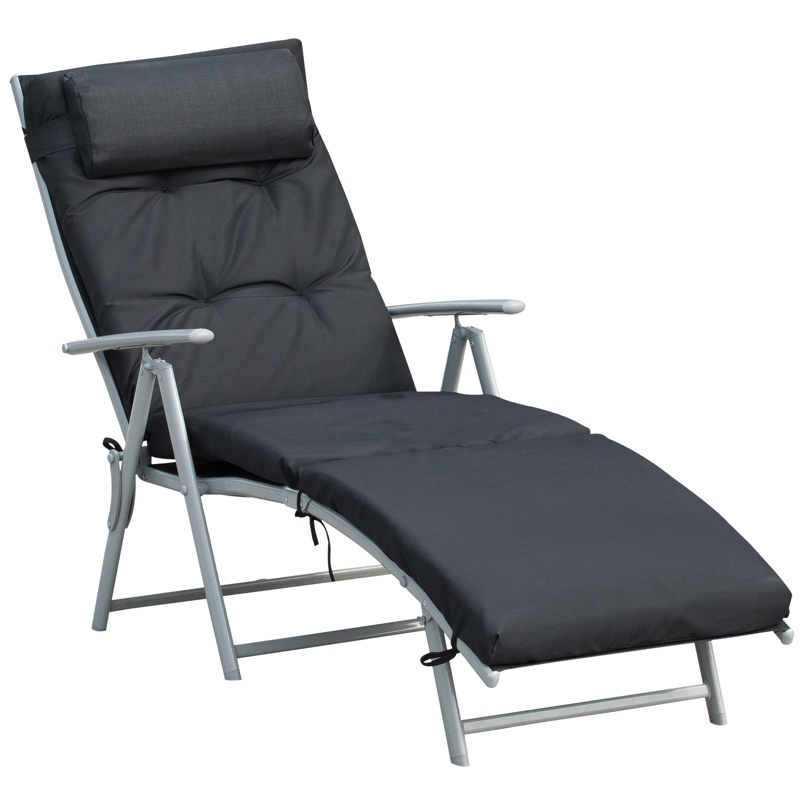 Outsunny Lettino Prendisole Pieghevole con Schienale Reclinabile 7 Posizioni Poltrona Relax con Materasso + Braccioli Metallo Epossidico Textilene Poliestere Nero