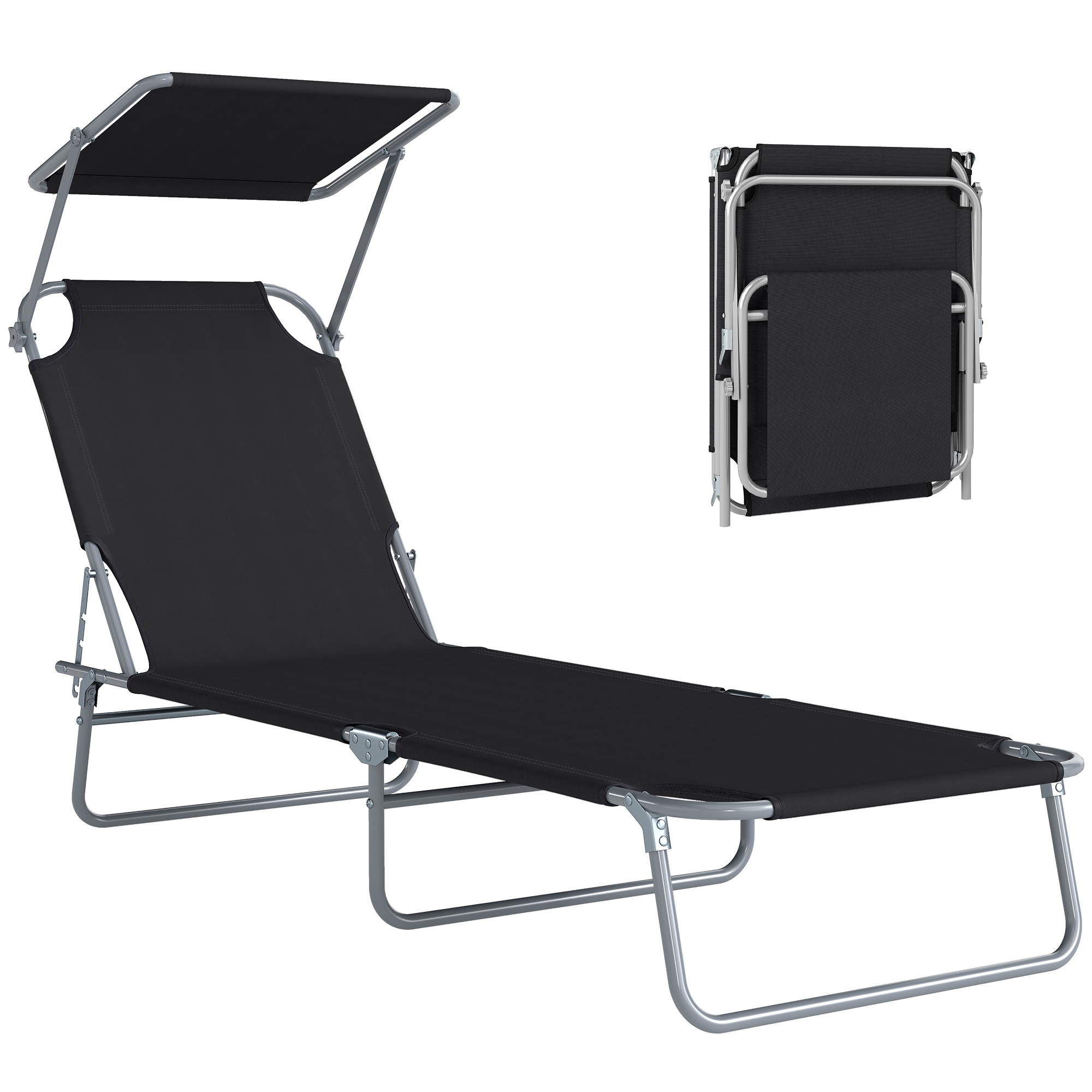 Outsunny Lettino Prendisole Reclinabile su 4 Livelli con Tettuccio, Sdraio Giardino in Tessuto Nero, Lettino da Esterno, 187x58x36cm Aosom Italy