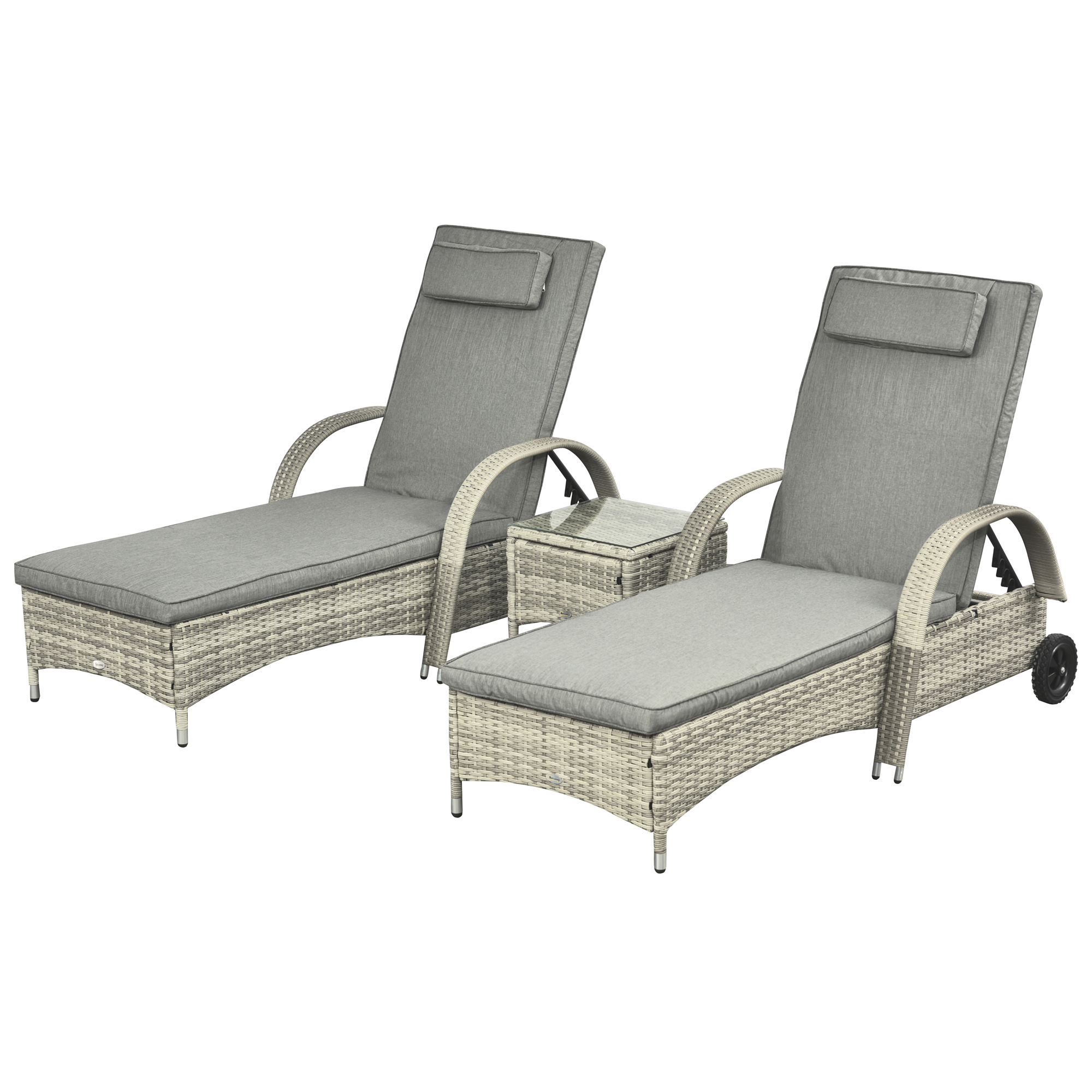 Outsunny Lettino Prendisole Tavolino Set da Giardino in 3 Pezzi, Rattan Sintetico+Metallo Grigio