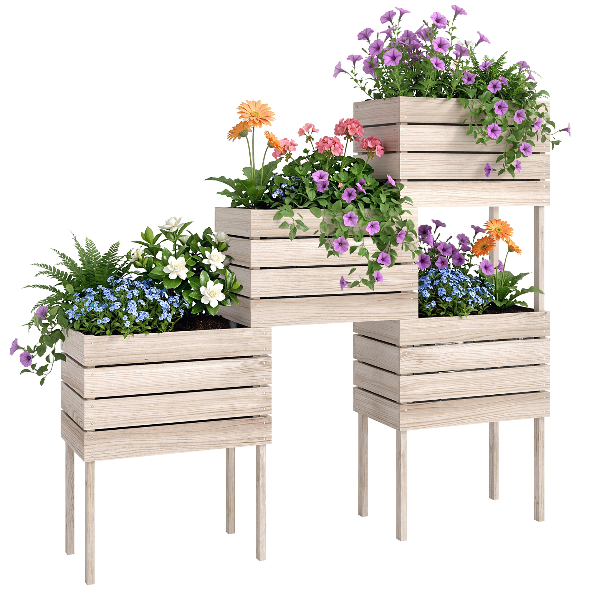 Outsunny Letto per Orto Rialzato con 4 Vasi Portapiante, 50x30x60 cm, in Legno, Colore Naturale Aosom Italy