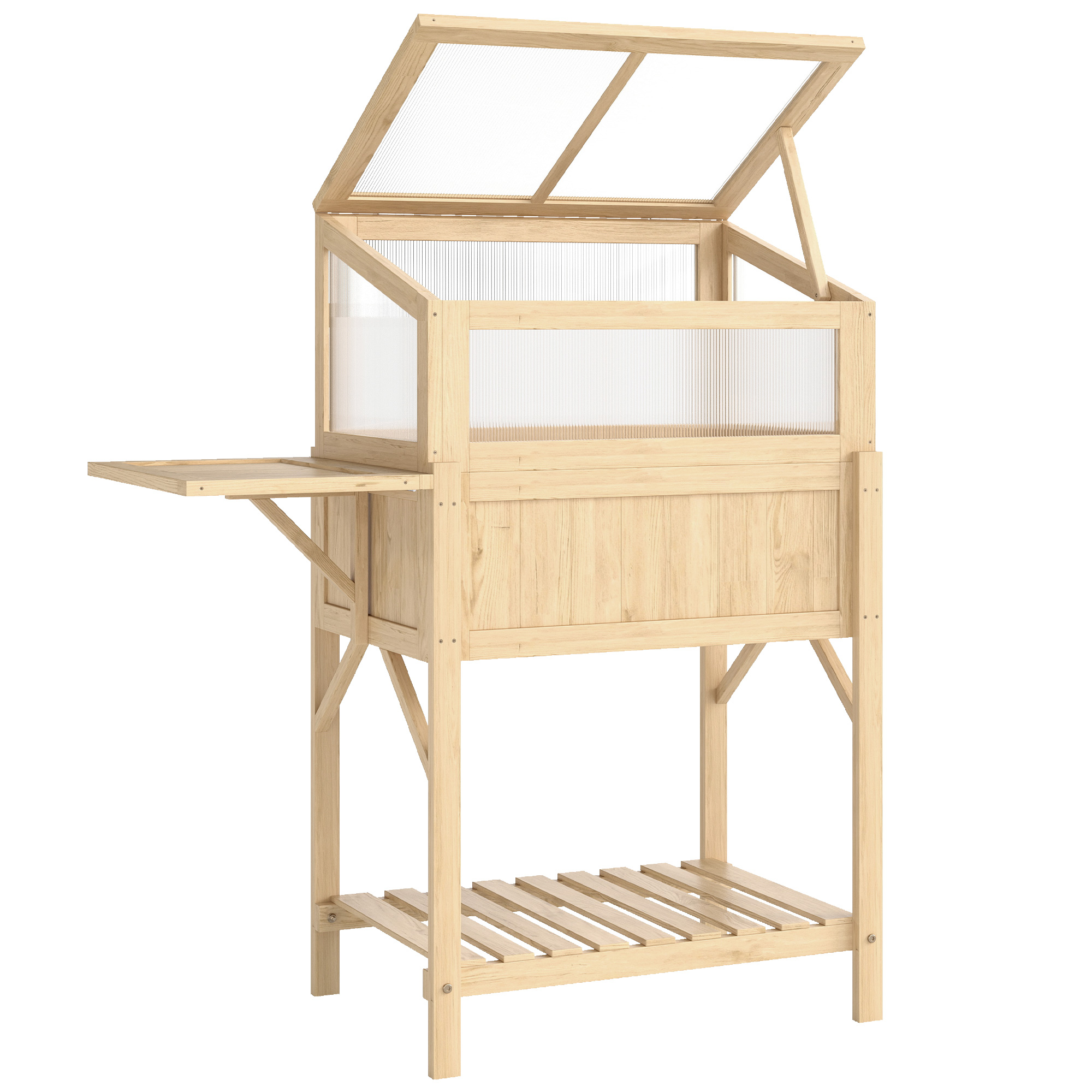 Outsunny Letto rialzato con copertura da serra in legno Cassetta con serra richiudibile Ripiano laterale Vano portaoggetti Legno naturale Aosom Italy
