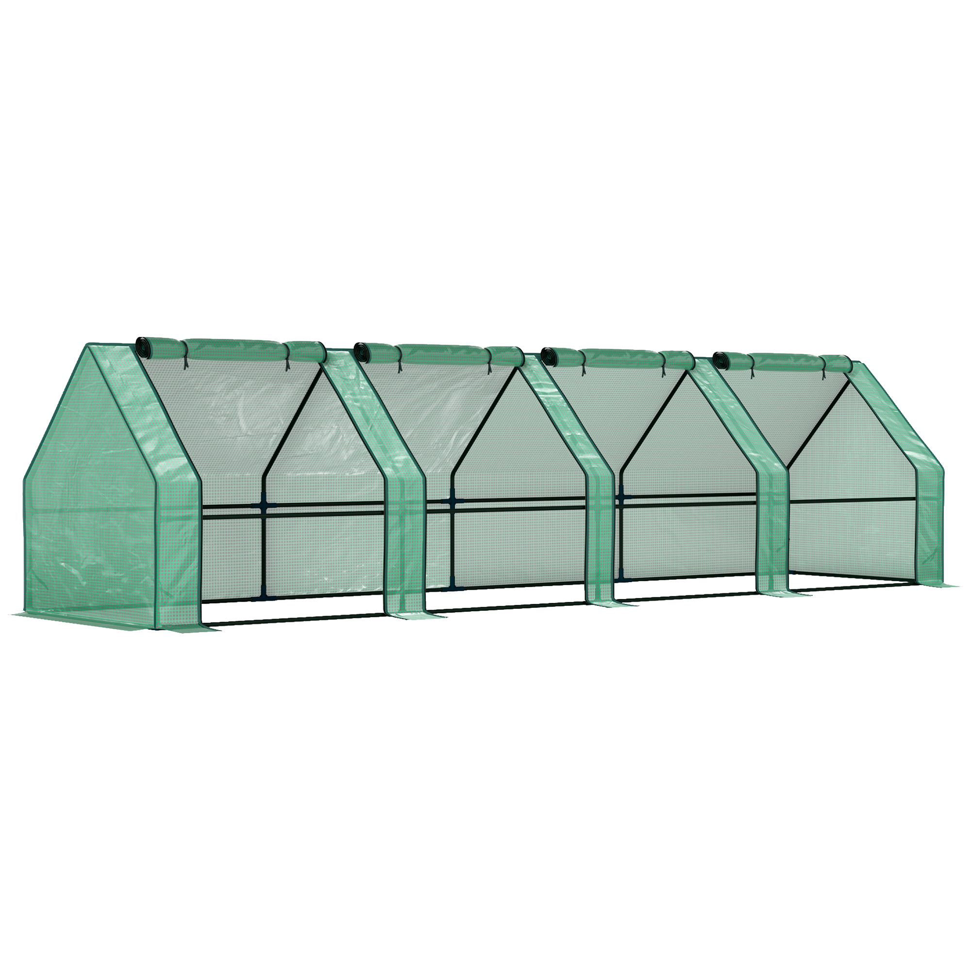 Outsunny Mini Serra da Giardino a 4 Porte Arrotolabili con Copertura Allungata, in Acciaio e PE, 360x90x90 cm, Verde Aosom Italy Outsunny Mini Serra da Giardino a 4 Porte Arrotolabili con Copertura Allungata, in Acciaio e PE, 360x90x90 cm, Verde Aosom Italy