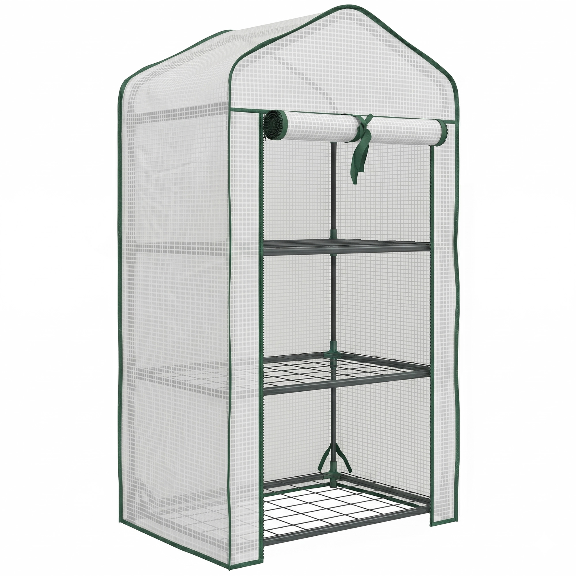 Outsunny Mini Serra da Giardino con Copertura in PE, 3 Ripiani e Porta Avvolgibile, 59x39x127cm, Bianco Aosom