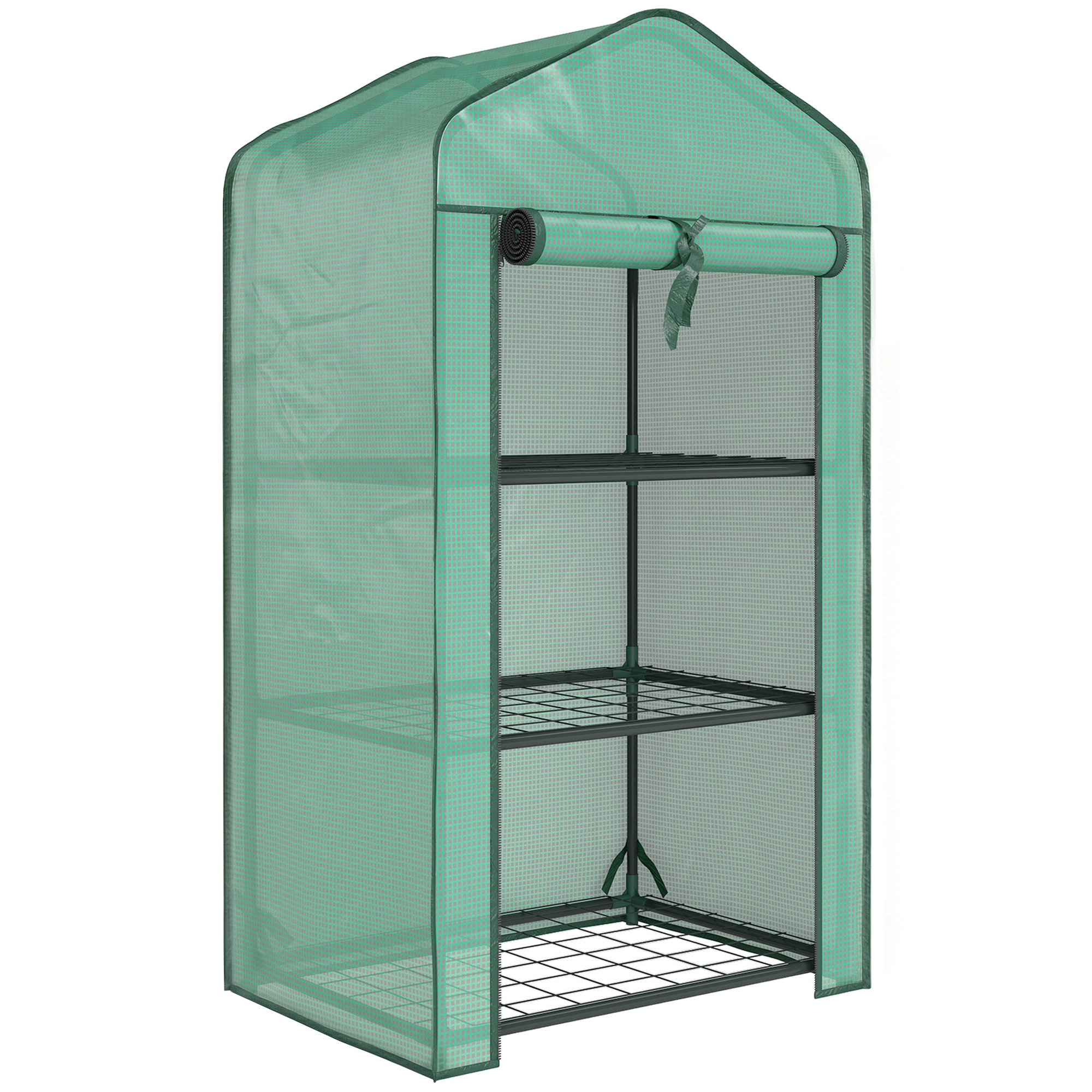 Outsunny Mini Serra da Giardino con Copertura in PE, 3 Ripiani e Porta Avvolgibile, 59x39x127cm, Verde Aosom Italy