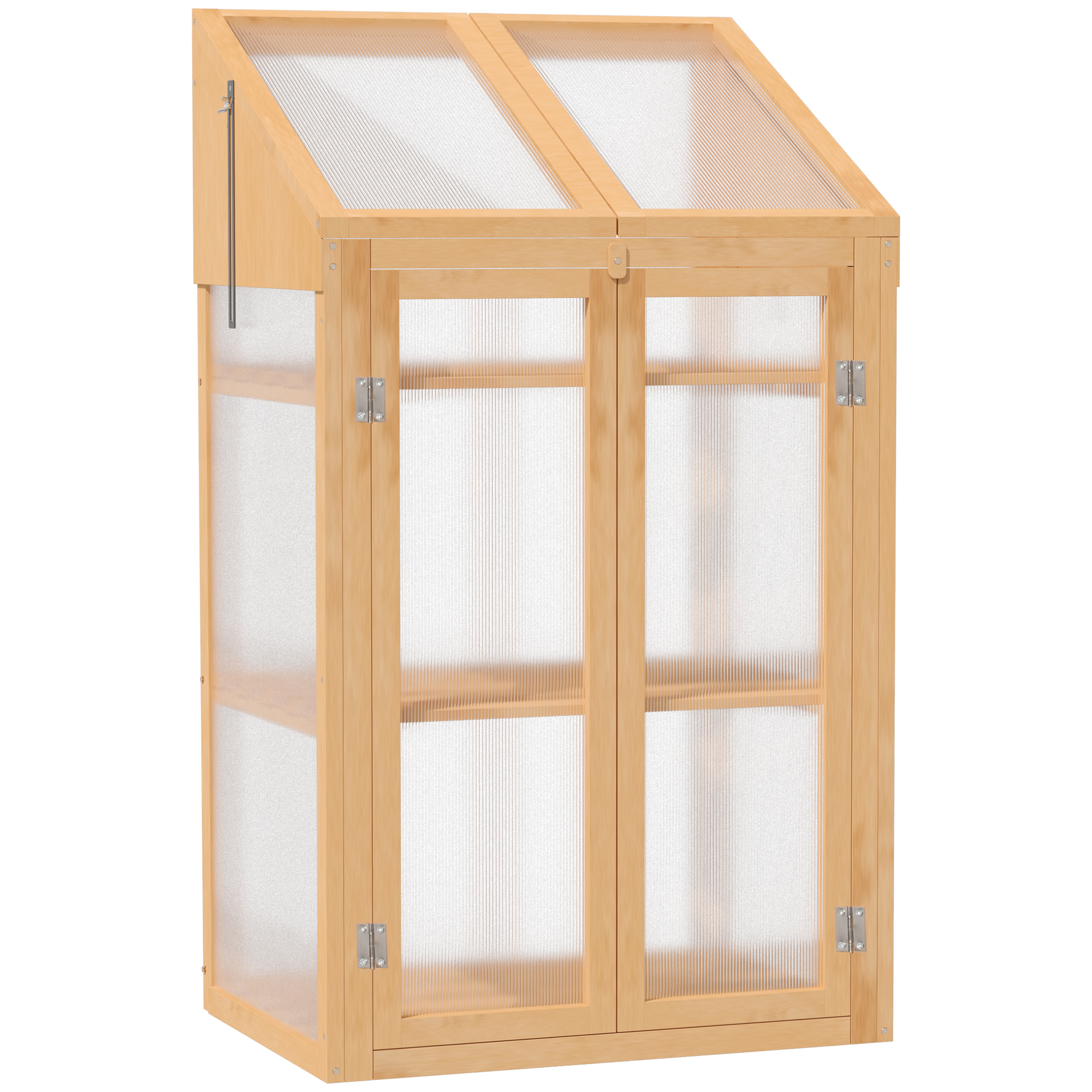 Outsunny Mini Serra, piccola serra con telaio in legno, finestra e doppia porta, 3 ripiani, 70L x 50P x 120A cm, Marrone