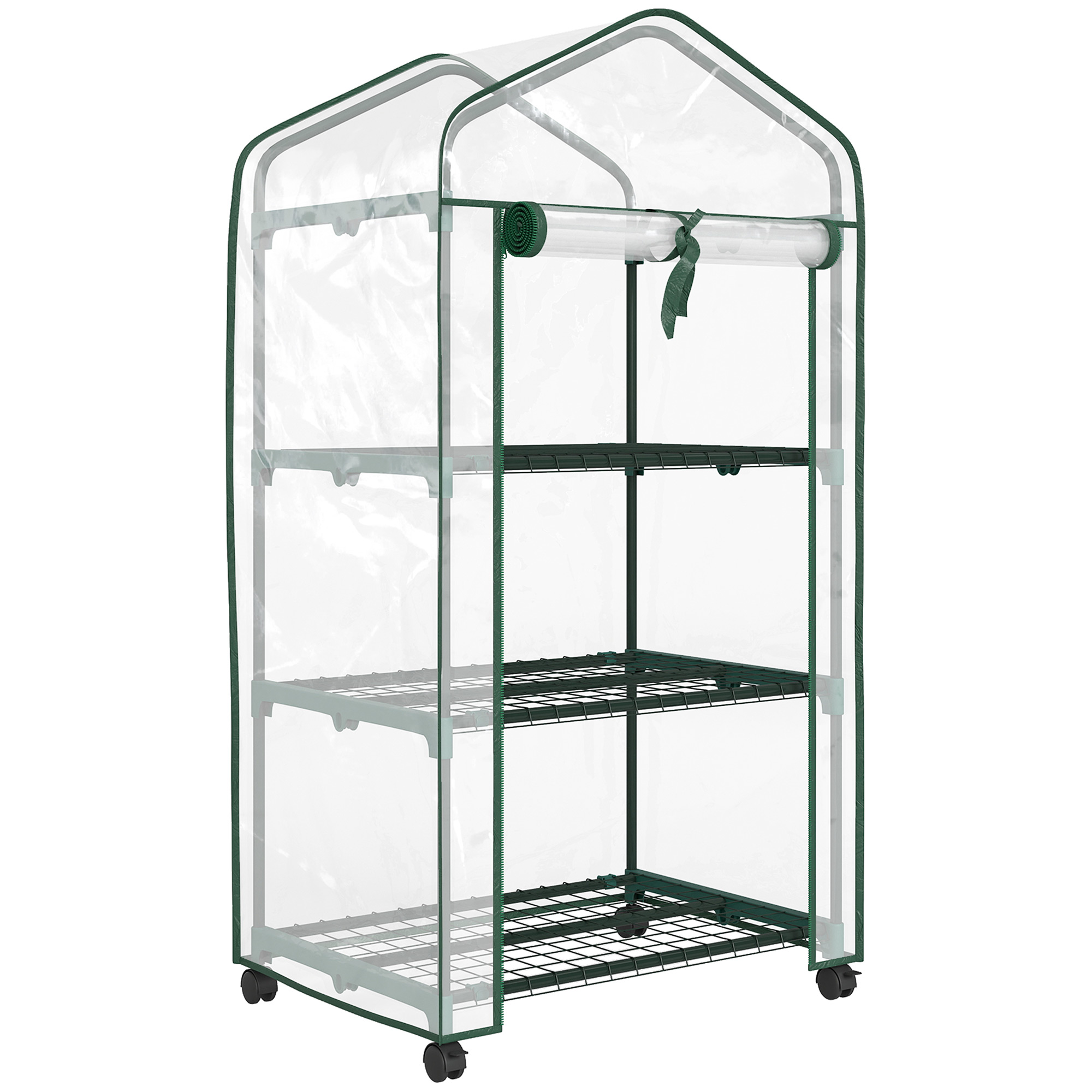 Outsunny Miniserra da giardino con 3 ripiani, telo in PVC ad alta densità, porta avvolgibile 4 ruote 69 x 49 x 130 cm trasparente Aosom Italy