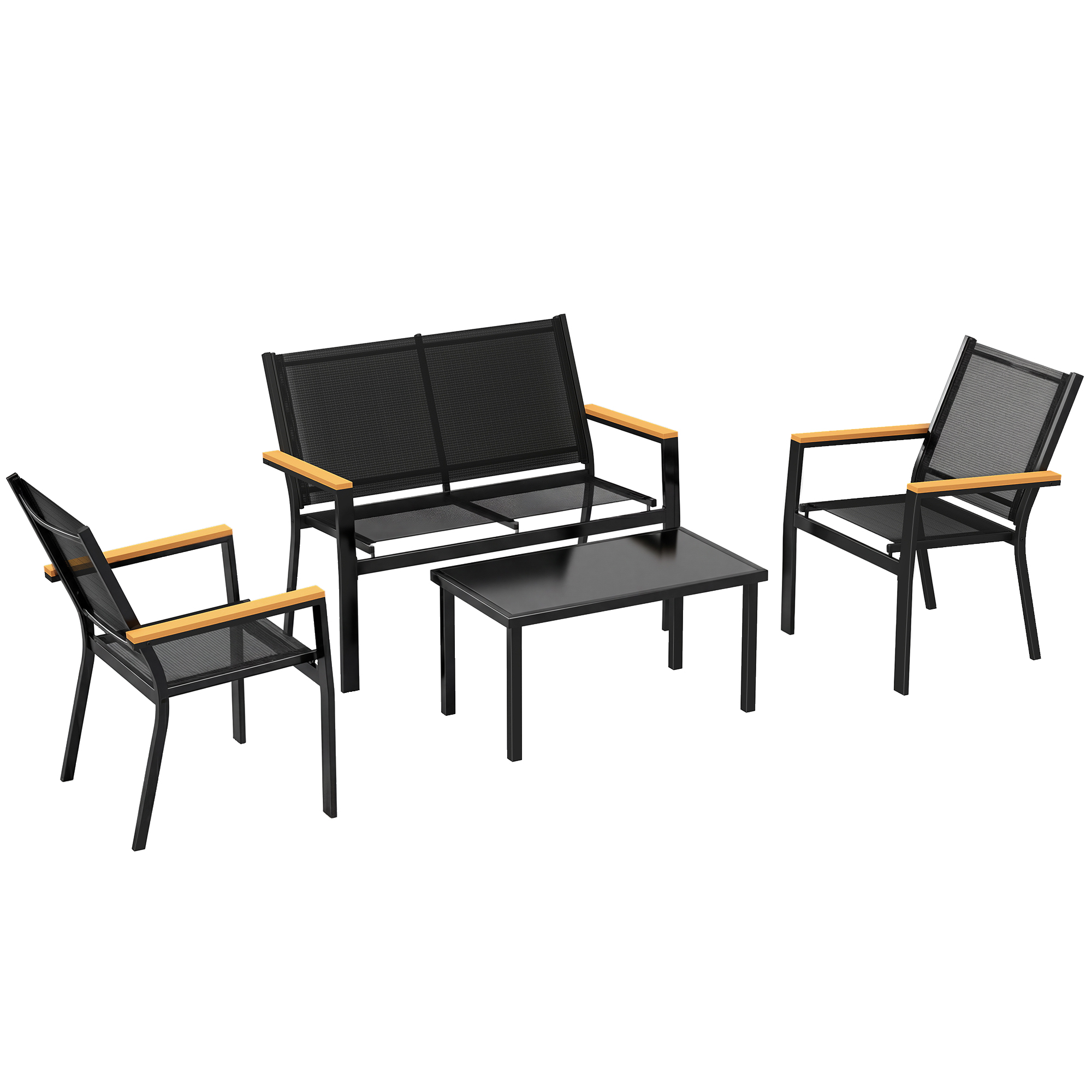 Outsunny Mobili da Giardino 4pz con Tavolino da Caffè in Vetro Temperato e 3 Sedute in Tessuto Teslin, Nero Aosom Italy
