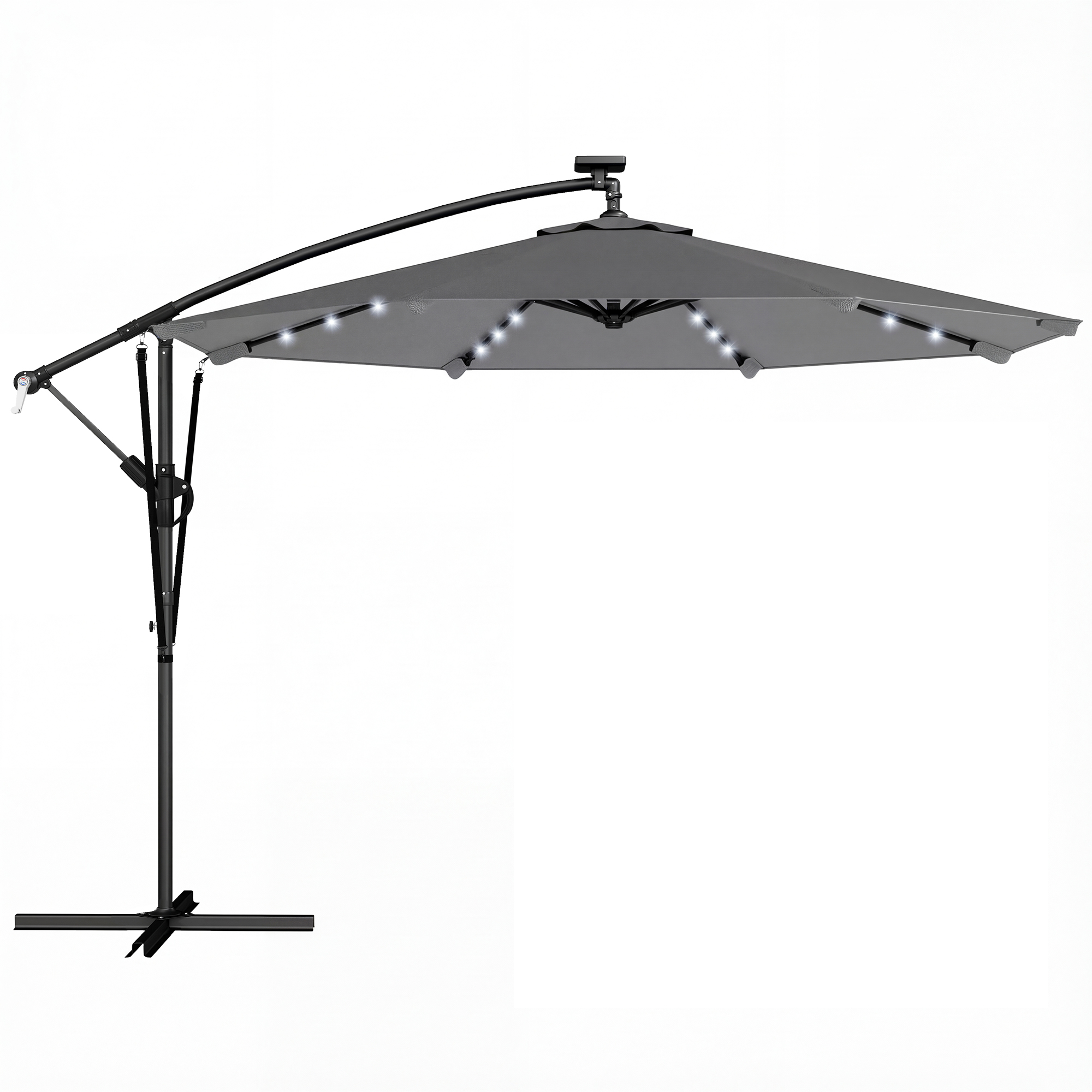 Outsunny Ombrellone a braccio con Luci LED Solari 330x295 cm Ombrellone con Base a Croce Manovella Copertura Protettiva Grigio scuro Aosom Italy