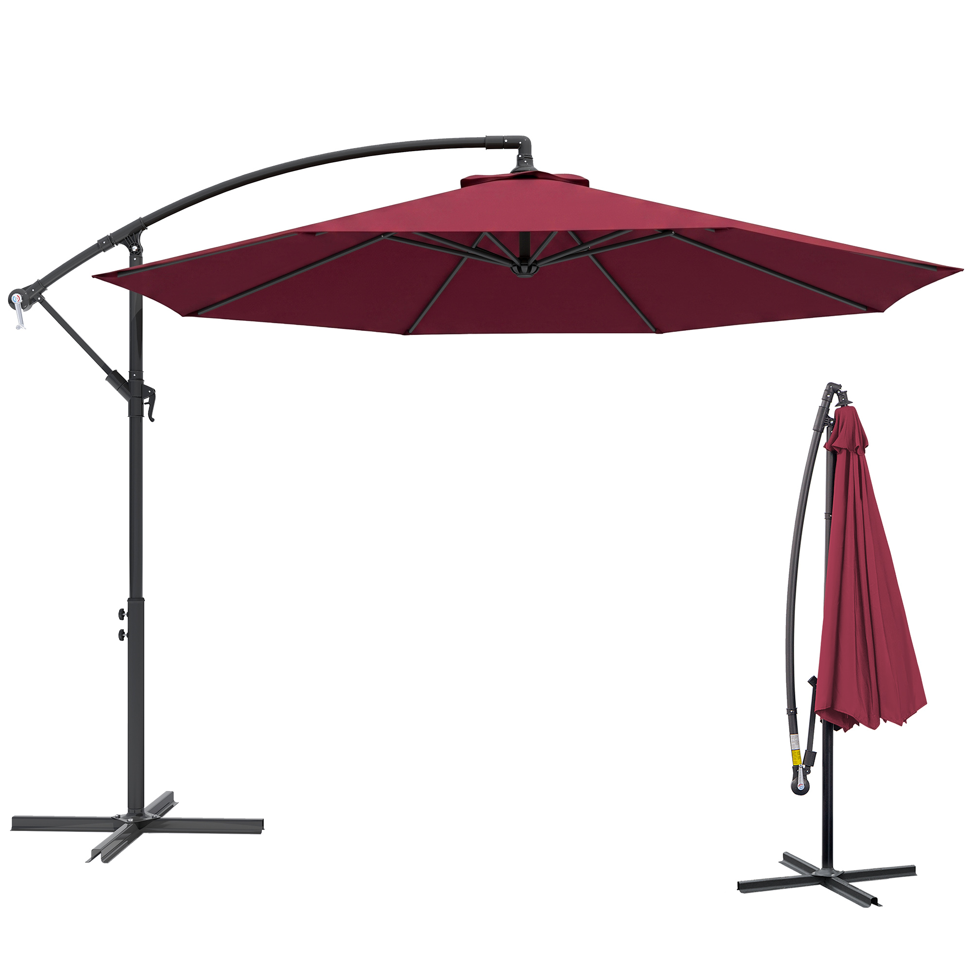 Outsunny Ombrellone da Giardino Decentrato Φ2.95m con Struttura in Metallo, 8 Braccia, Manovella, Base a Croce, Rosso Scuro Aosom