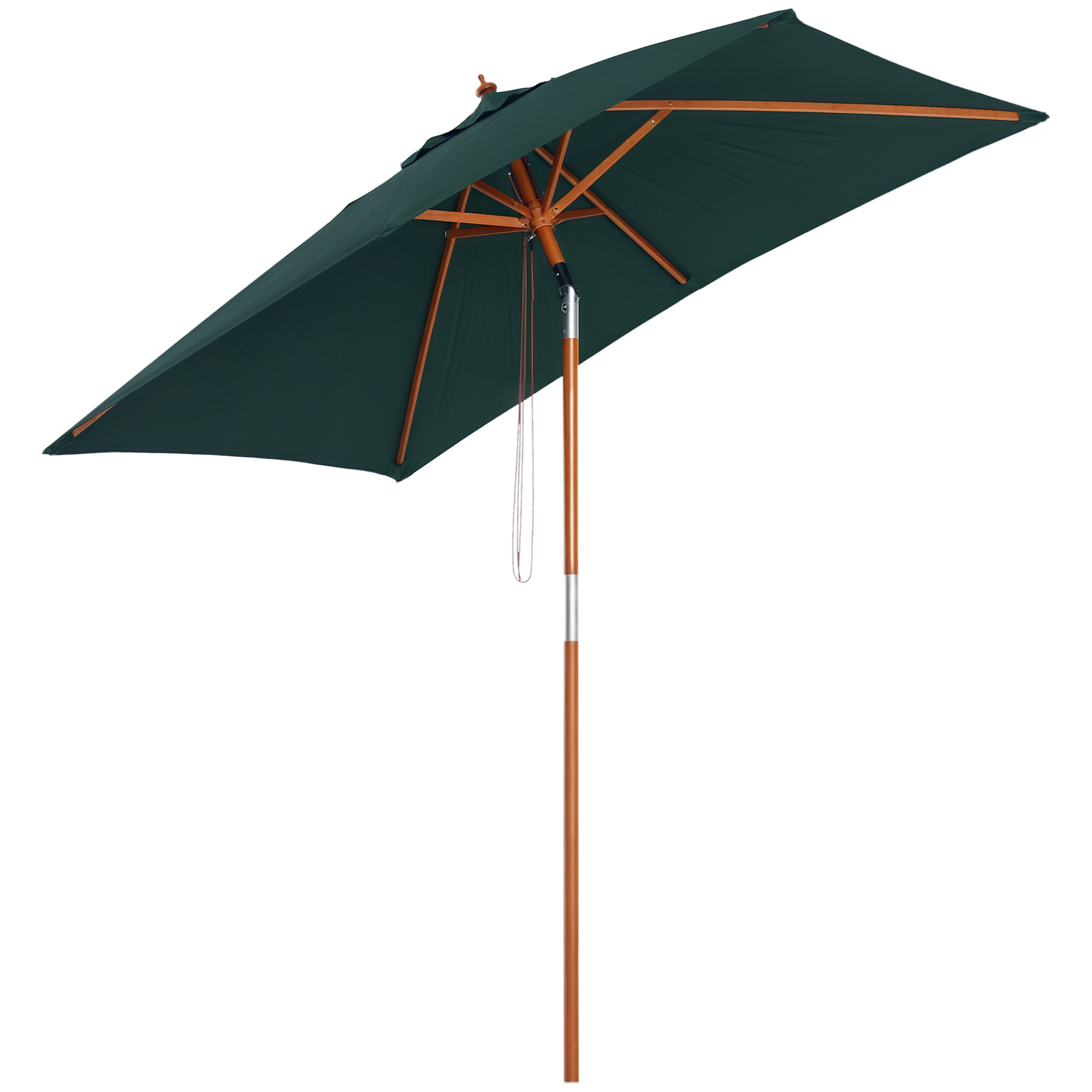 Outsunny Ombrellone da Giardino Inclinabile 2x1.5m, 6 Stecche, Palo in Legno e Apertura a Corda, Verde Aosom