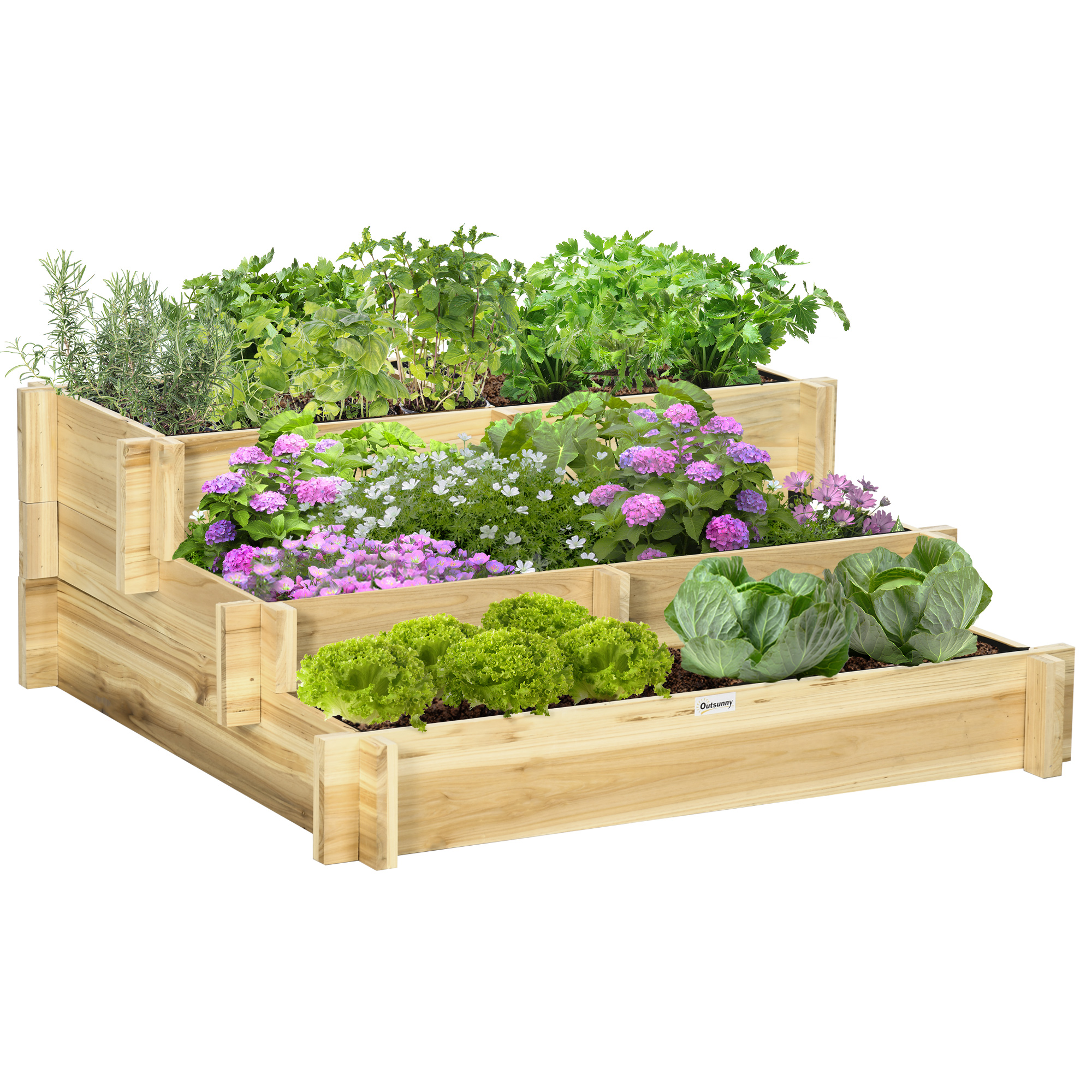 Outsunny Orto Rialzato a 3 Livelli in Legno d'Abete per Verdure, Fiori e Piante da Giardino 93x93x35 cm Aosom