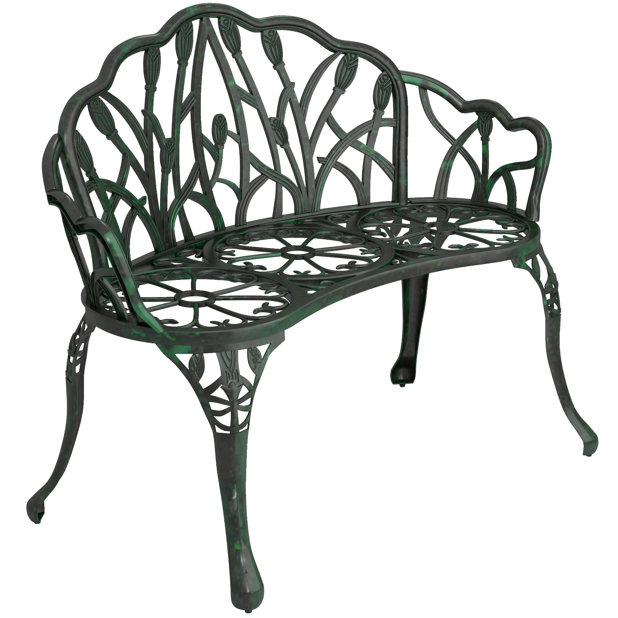 Outsunny Panca da giardino in alluminio pressofuso, panca esterna 2 posti con schienale a tulipano, seduta floreale, 99 x 57 x 78 cm, verde antico Aosom Italy