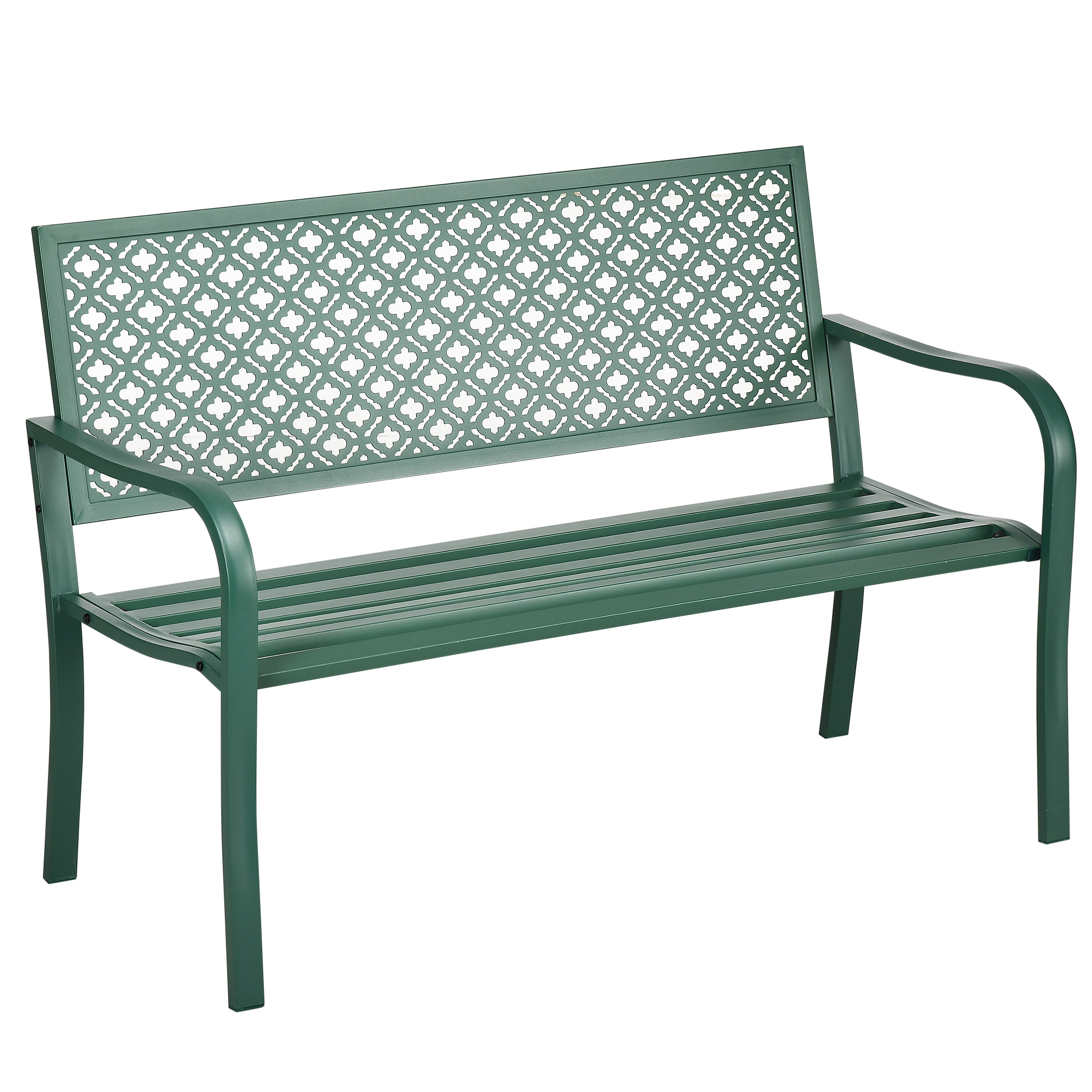 Outsunny Panca da giardino panca esterna giardino in acciaio con schienale a motivo floreale per 2 persone 127 x 63 x 83 cm verde scuro