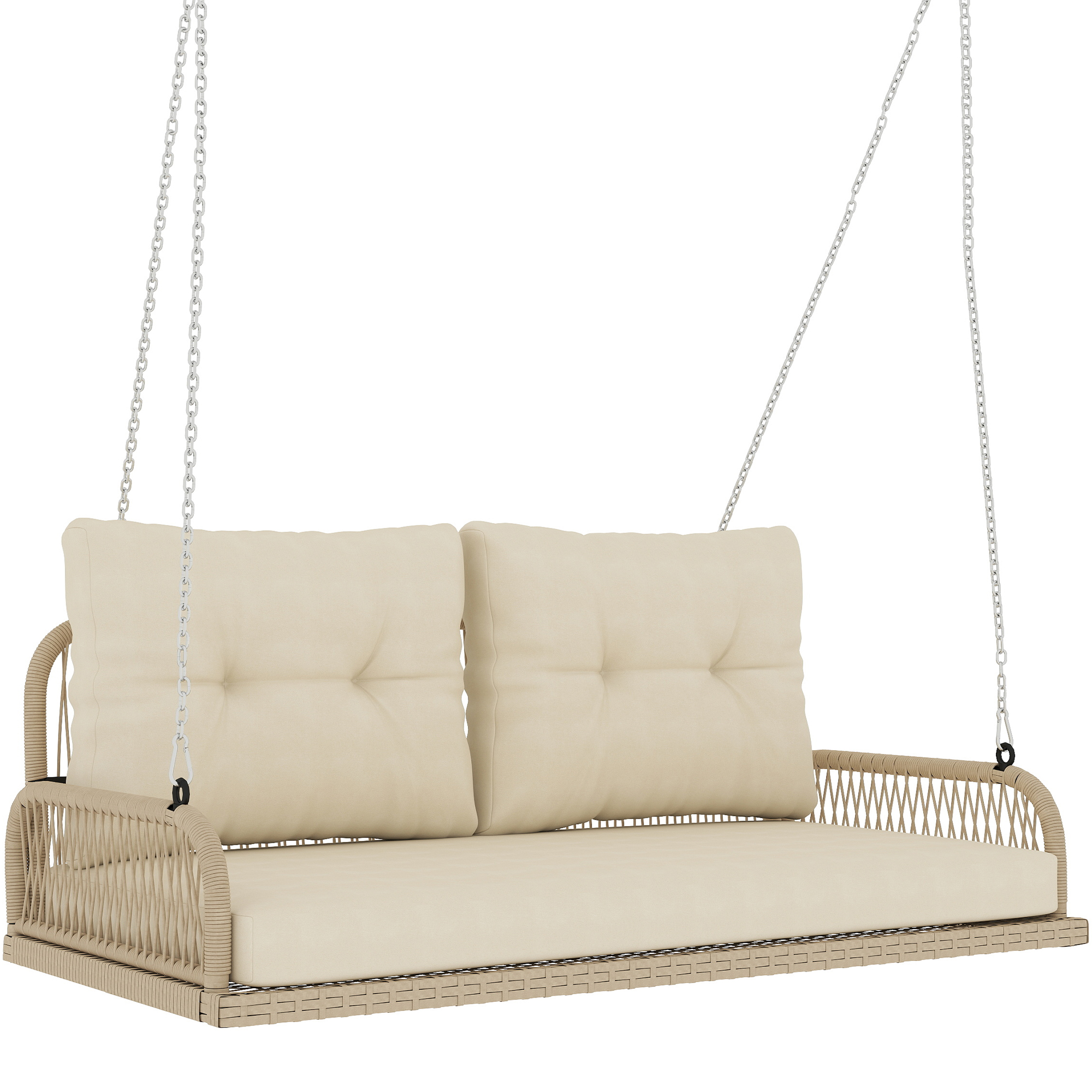 Outsunny Panca Sospesa Esterna a 2 Posti in Resina Intrecciata con Cuscini e Catene in Acciaio, 115x66x44 cm, Beige Aosom Italy Outsunny Panca Sospesa Esterna a 2 Posti in Resina Intrecciata con Cuscini e Catene in Acciaio, 115x66x44 cm, Beige Aosom Italy