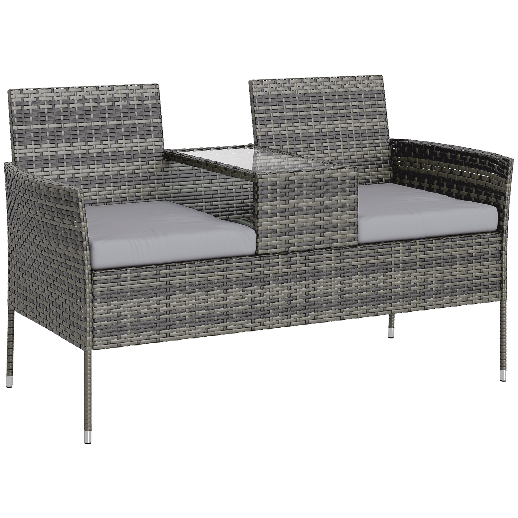 Outsunny Panchina da Esterno 2 Posti con Tavolino da Caffè, in Acciaio e Rattan PE, 137x59x82 cm, Grigio Aosom Italy