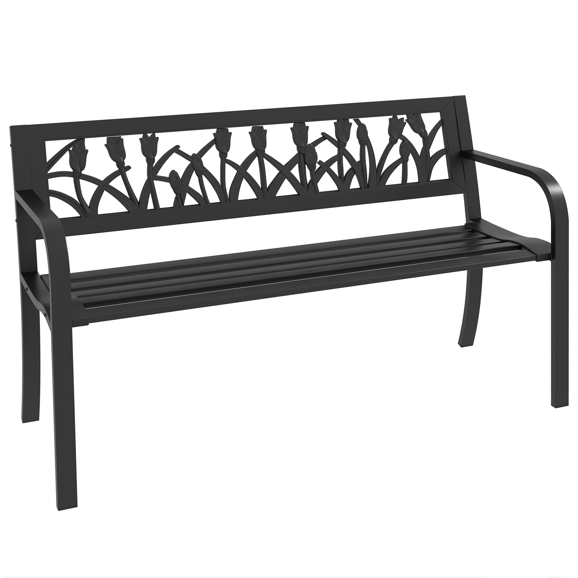 Outsunny Panchina da Giardino a 2 Posti in Acciaio con Schienale Decorato e Braccioli, 125x50x75cm, Nero Aosom