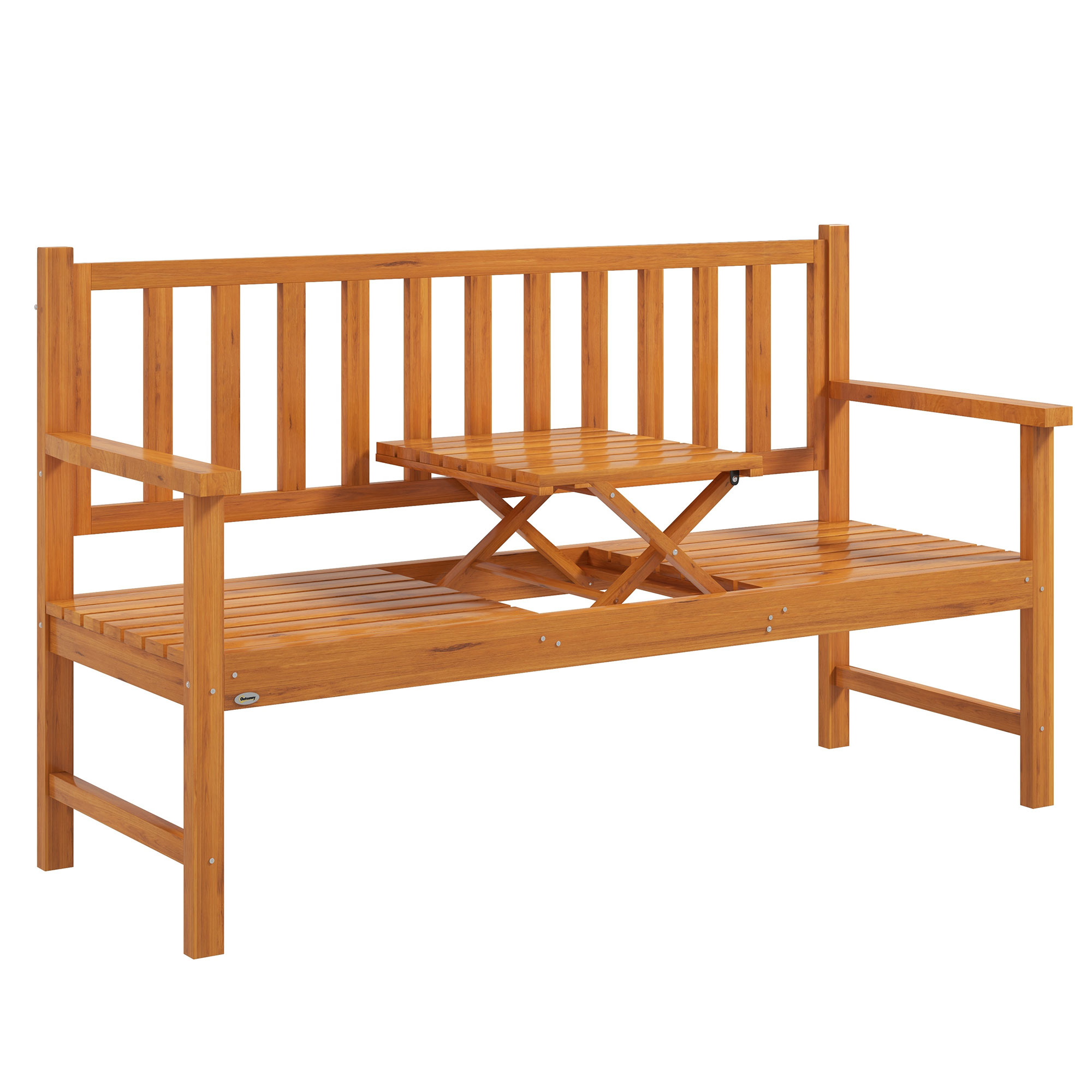 Outsunny Panchina da Giardino con Tavolino Centrale Sollevabile e Braccioli, in Legno, 153x56x91 cm, Marrone Chiaro Aosom Italy