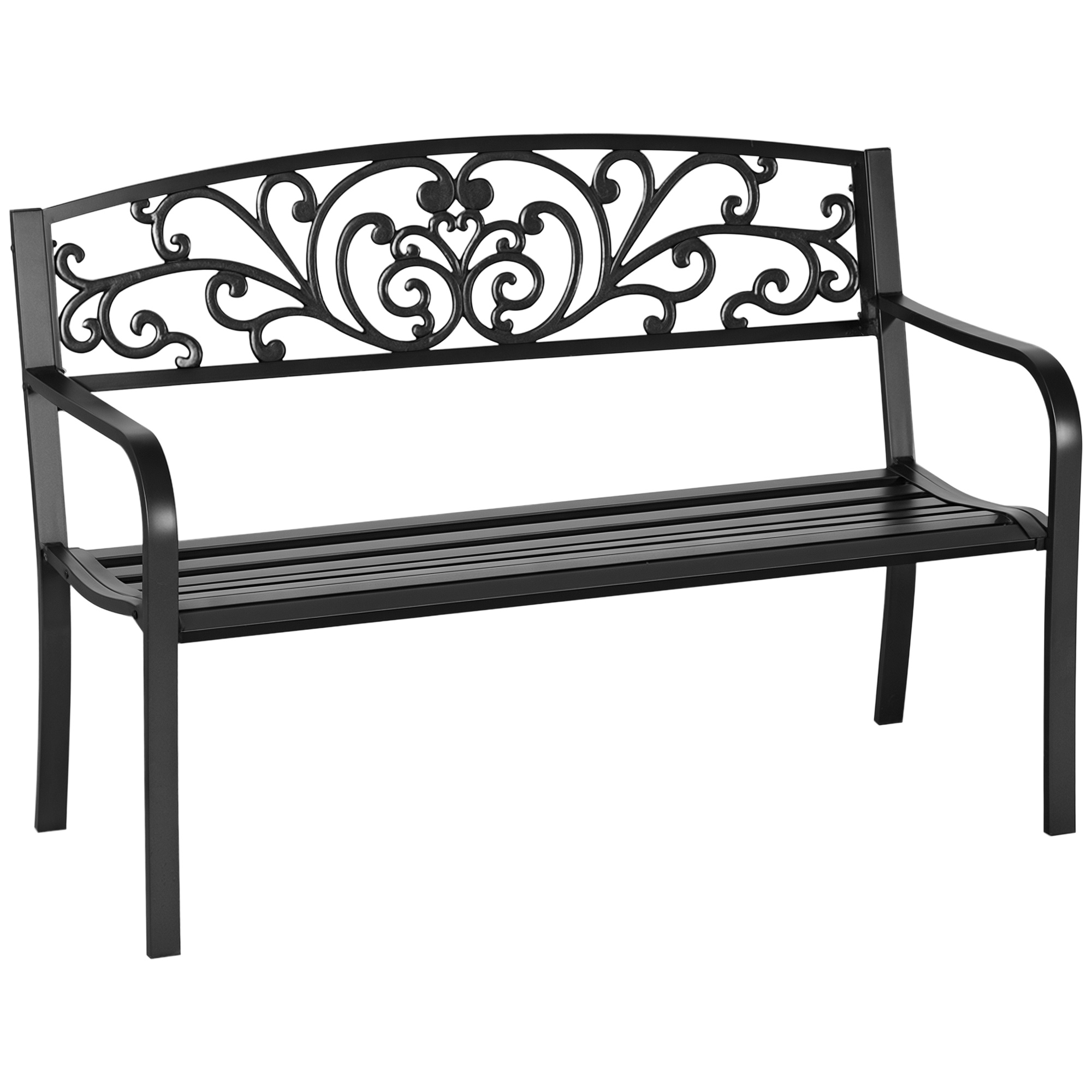 Outsunny Panchina da Giardino in Metallo con Schienale Decorato, 127x60x87cm - Nero Aosom