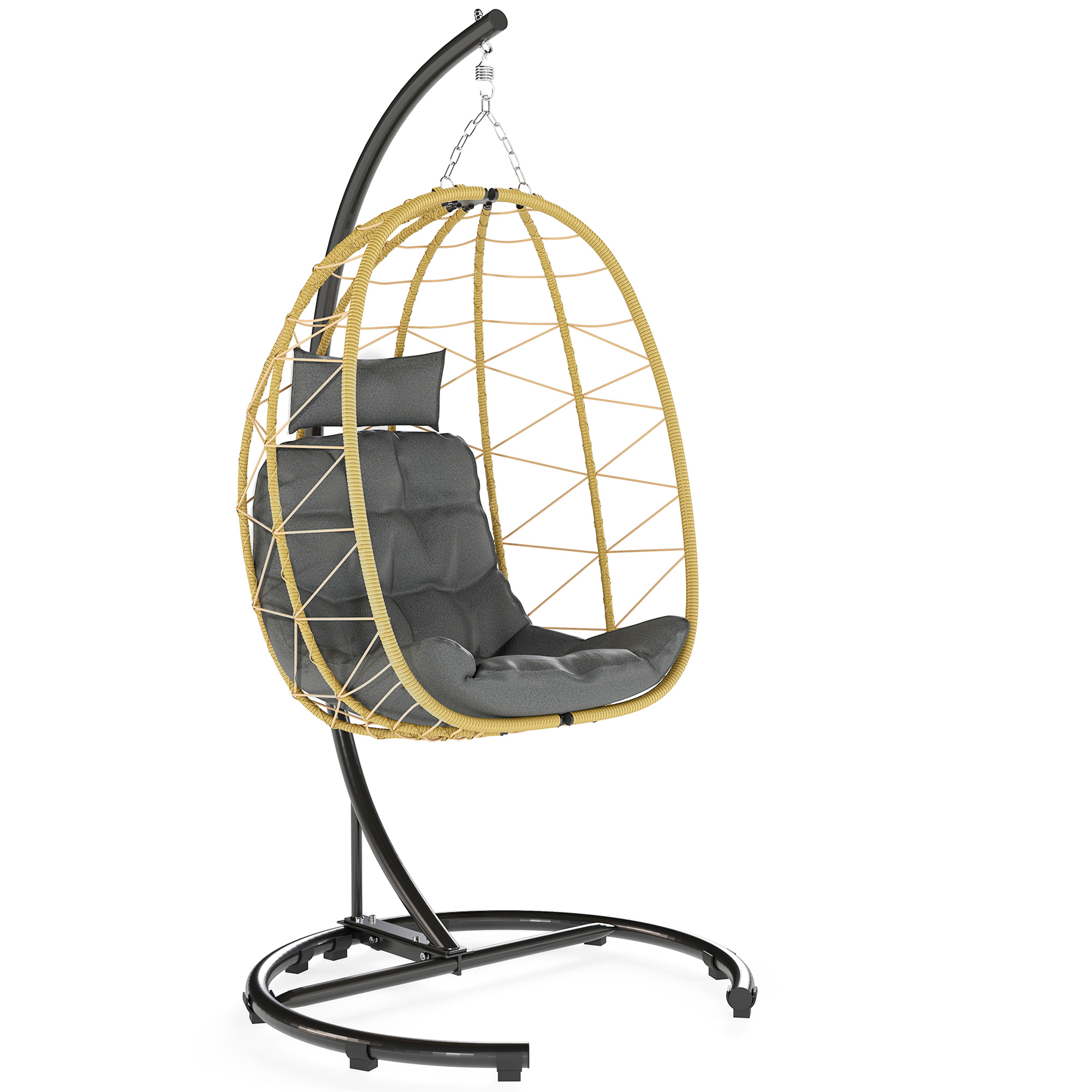 Outsunny Poltrona Sospesa e Pieghevole con Cuscini, in Acciaio e Rattan PE, 102x102x195 cm, Nera Grigia e Beige Aosom