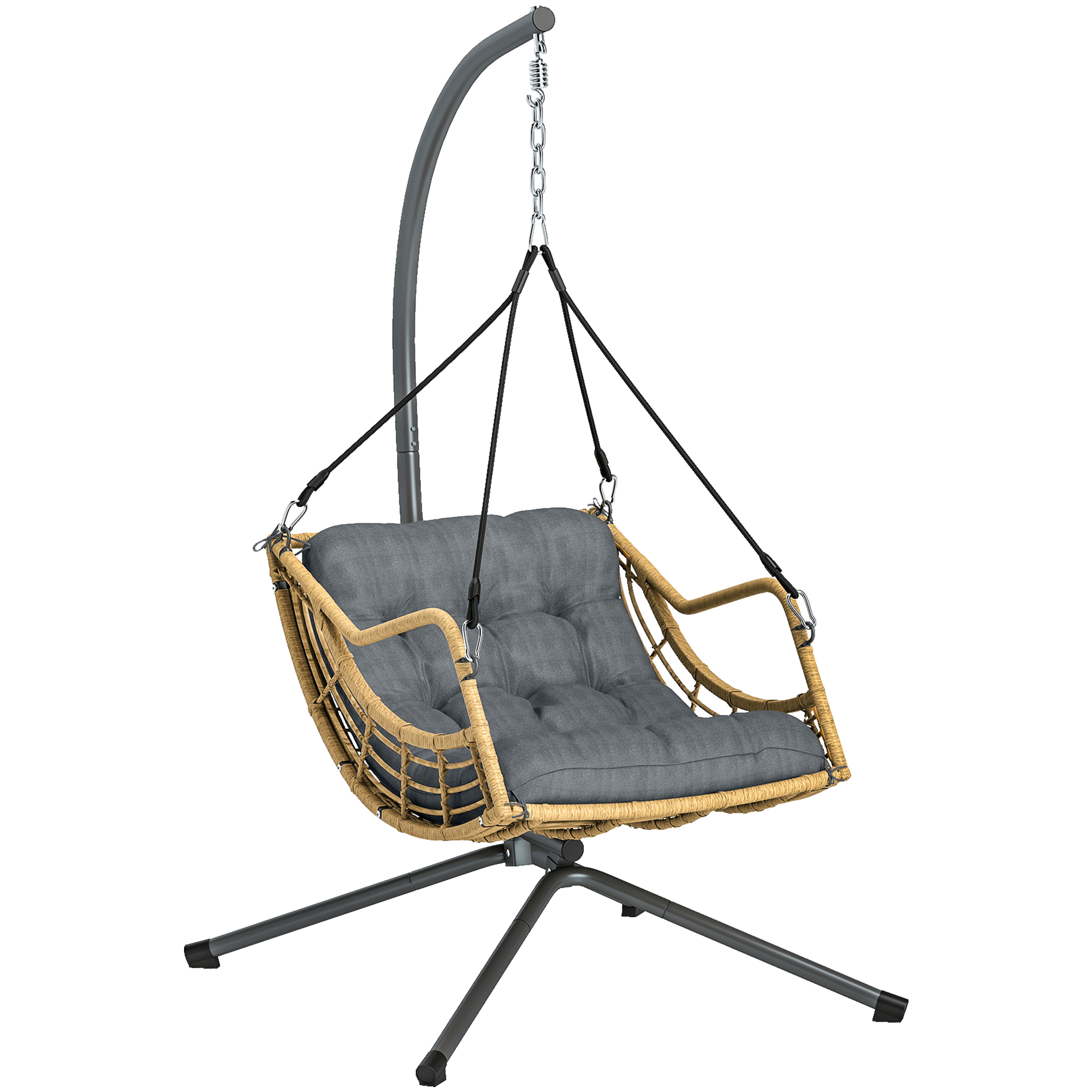 Outsunny Poltrona sospesa in resina intrecciata con supporto, sedia sospesa, cuscino, aggancio di sicurezza, altezza regolabile, grigio Aosom Italy