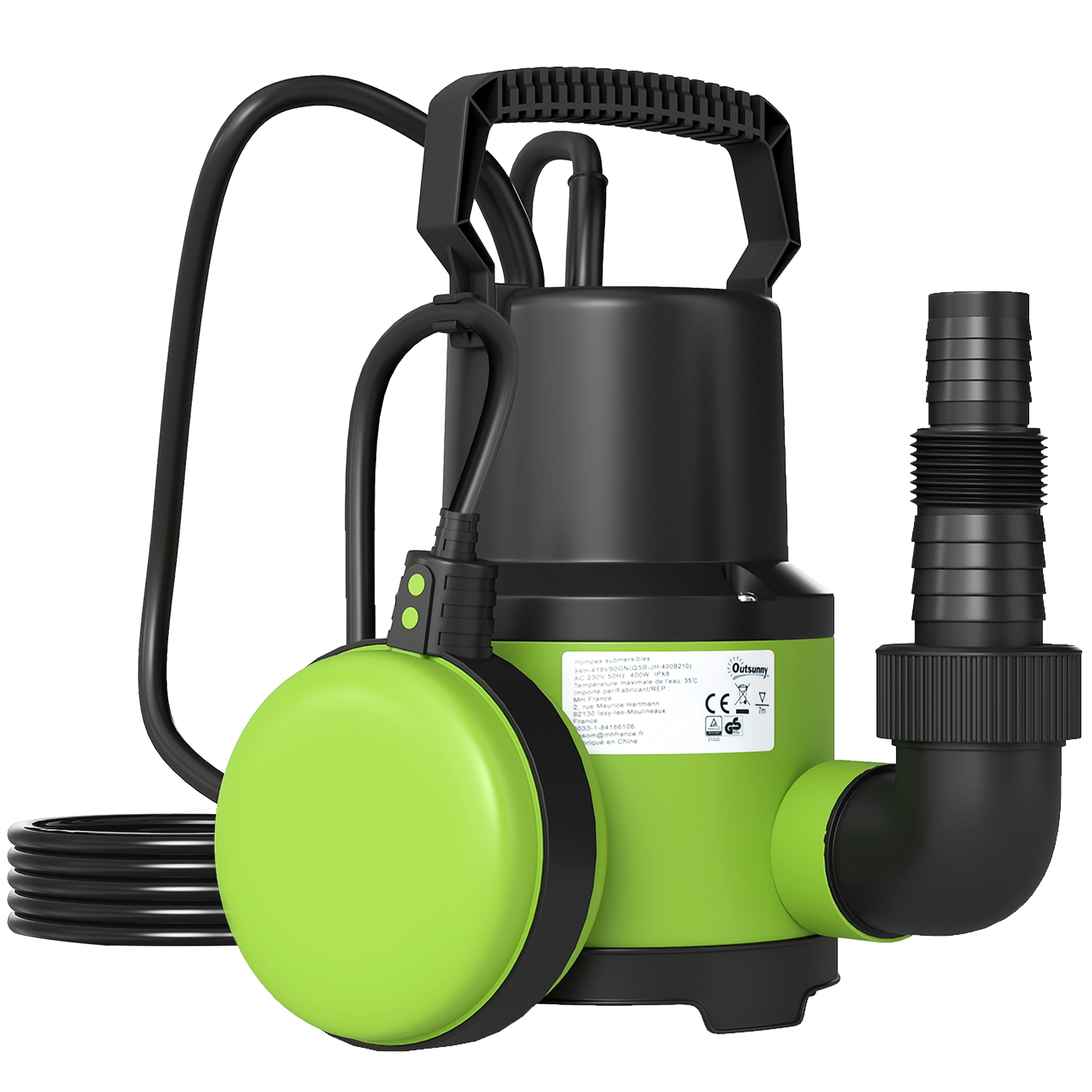 Outsunny Pompa Acqua Sporca/Pulita 400W, 9.000L/h, Pompa Sommersa Acque Sporche 7m Profondità Max, Gestisce Particelle fino a 15mm, Interruttore a Galleggiante, Verde Aosom Italy