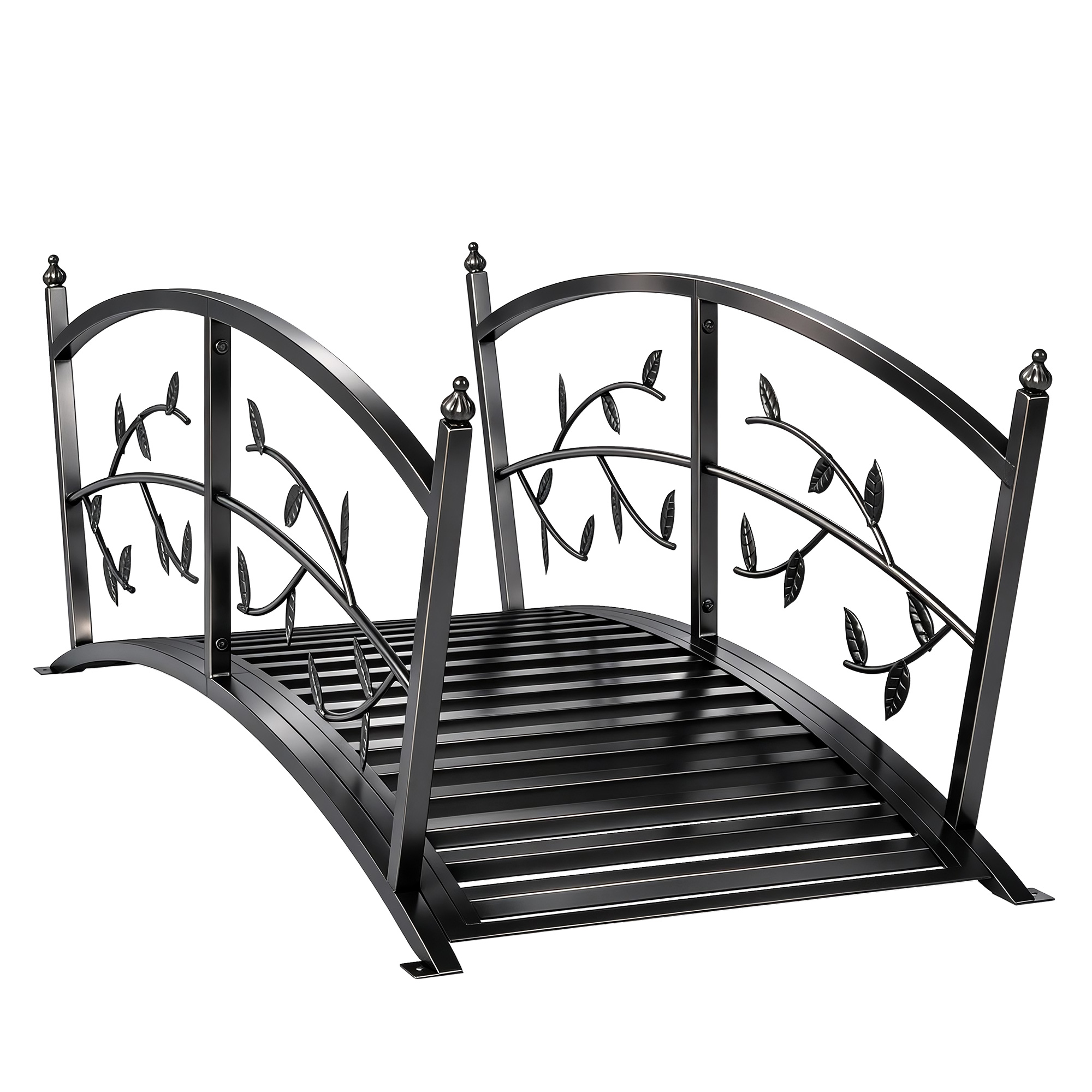 Outsunny Ponte da Giardino in Metallo 1,2 m, Ponte Decorativo per Stagni con Ringhiere di Sicurezza e Design a Foglie, Nero Aosom Italy