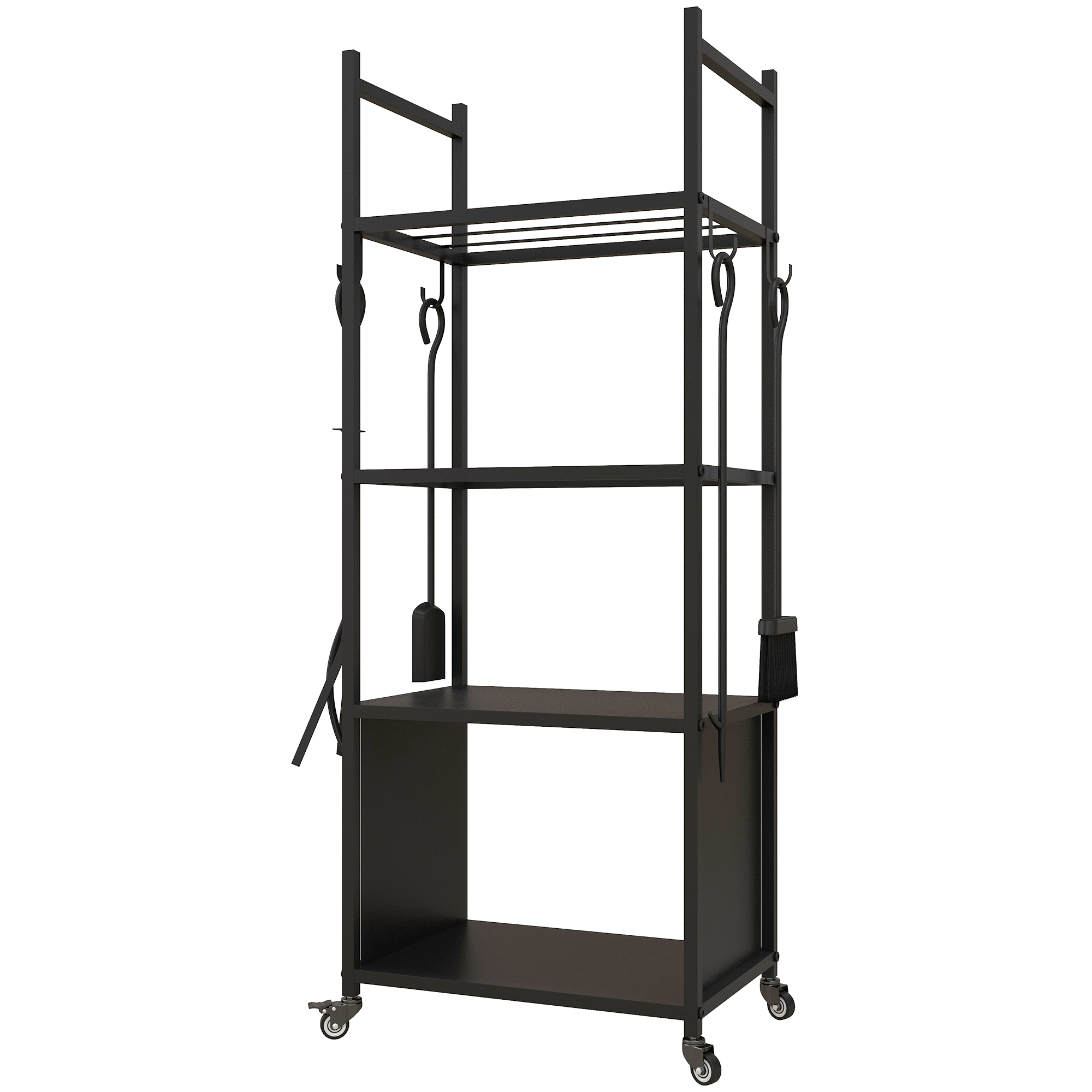 Outsunny Porta Legna per Interni ed Esterni con Ruote e 4 Utensili, Pala, Attizzatoio, Spazzola e Pinze, Legnaia in Metallo, 45x30x118 cm, Nero Aosom Italy