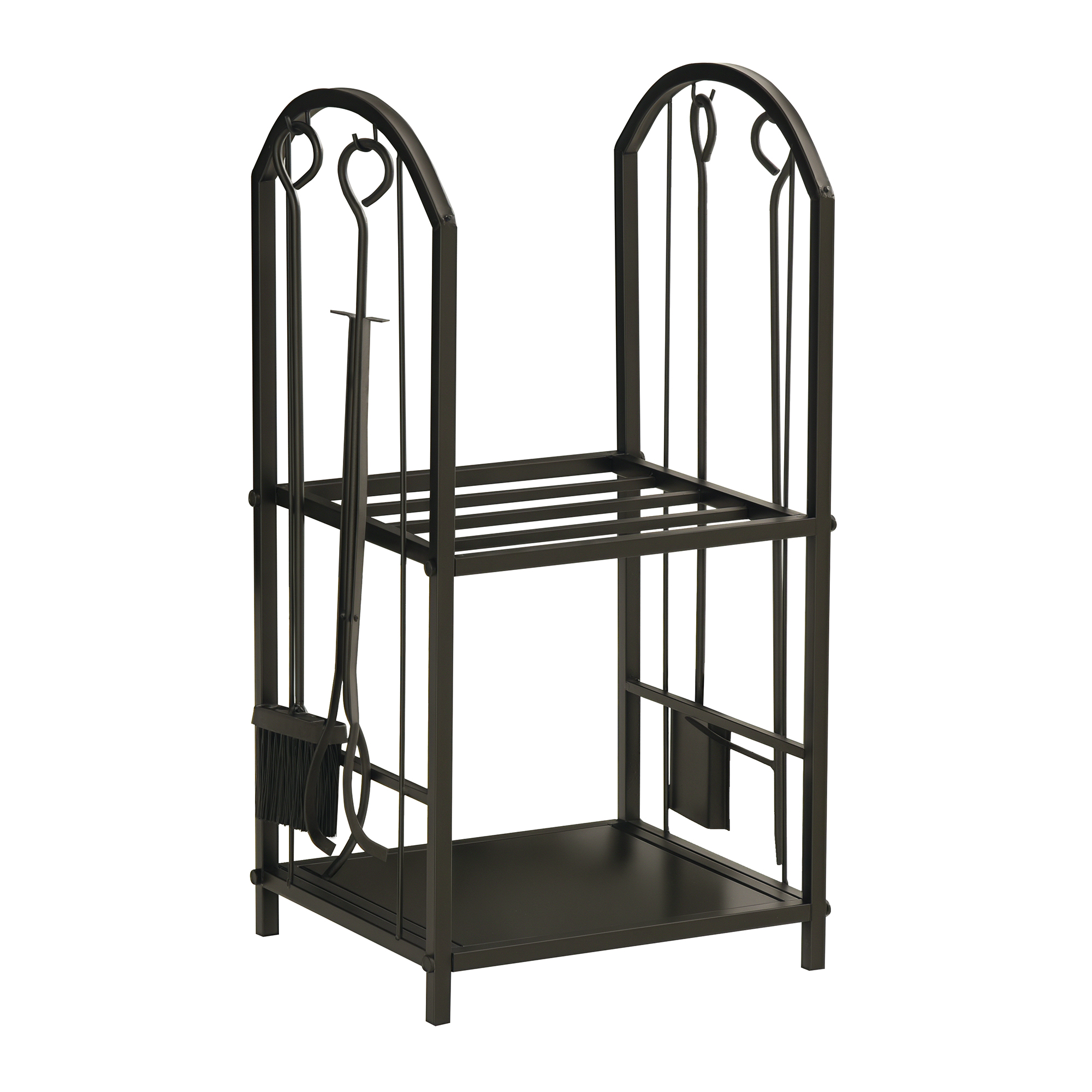 Outsunny Portalegna per Camino a 2 Ripiani in Metallo con Paletta, Porta legna con Scopa, Attizzatoio e Pinza, 41.5x32.5x74.5 cm, Nero Aosom Italy