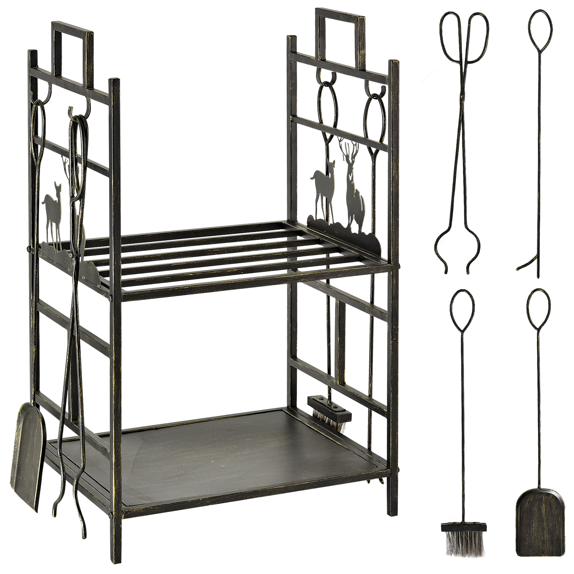 Outsunny Portalegna per Camino in Ferro Battuto, Scaffale con Manici e Base Rialzata, attizzatoio e scopa, paletta e pinza, Nero Aosom Italy