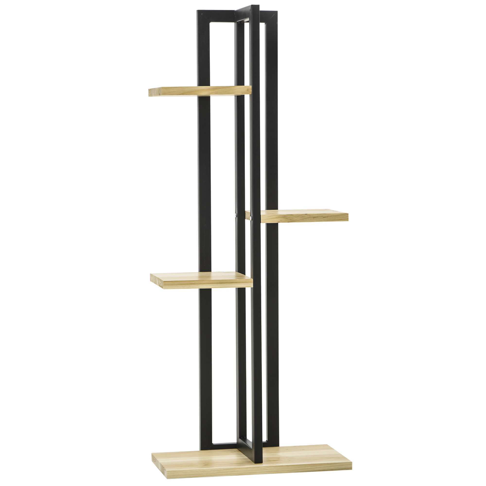 Outsunny Portapiante a 4 Ripiani dallo Stile Industriale in Legno di Abete e Metallo, 45x25x110 cm, Nero e color Legno