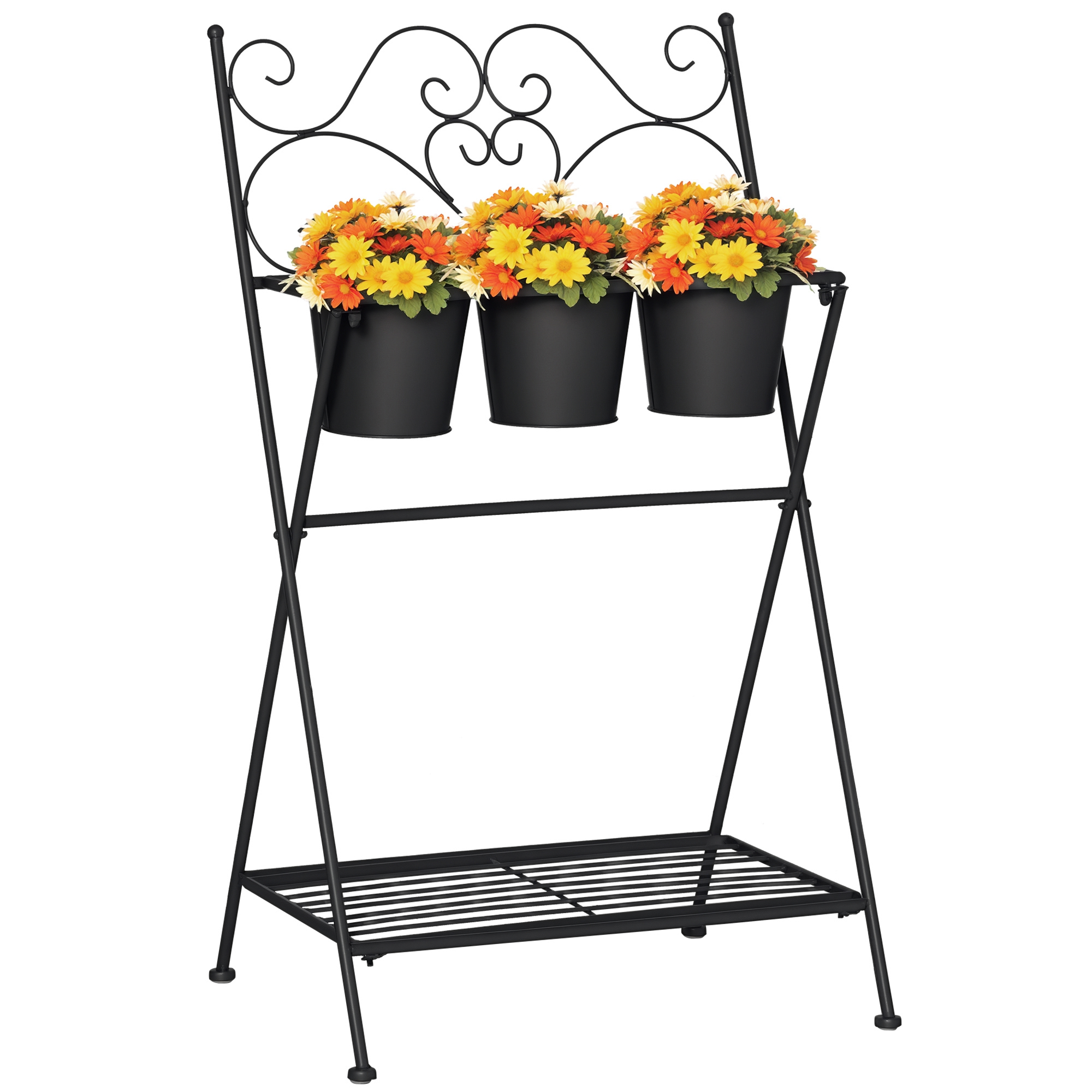 Outsunny Portapiante in Metallo Pieghevole con 3 Vasi, Scaffale per Piante con Ripiano per Casa e Giardino, 47x37x78.5cm, Nero Aosom