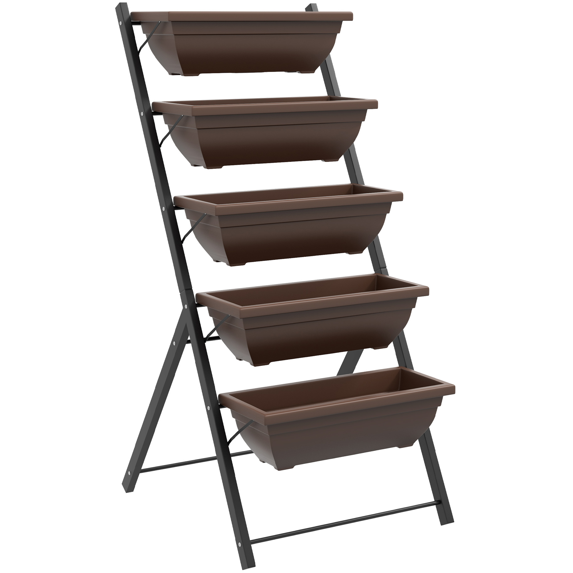 Outsunny Portapiante Verticale a 5 Livelli con 5 Vasi con Fori di Drenaggio, in Acciaio e PE, 55x63x120 cm, Marrone Aosom Italy Outsunny Portapiante Verticale a 5 Livelli con 5 Vasi con Fori di Drenaggio, in Acciaio e PE, 55x63x120 cm, Marrone Aosom Italy