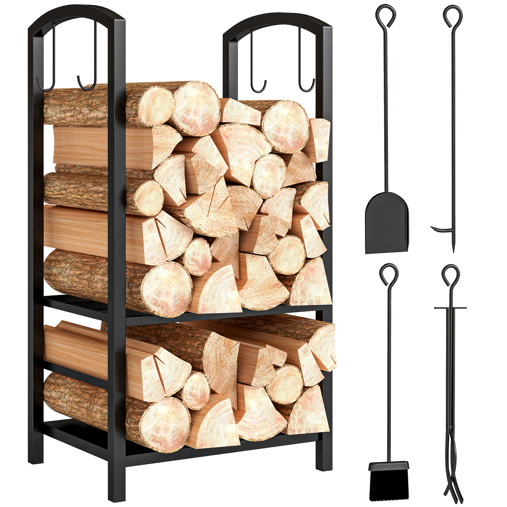 Outsunny Potalegna per Camino in Acciaio, Scaffale per legna da ardere con Set Attrezzi, con Paletta, Scopa, Attizzatoio e Pinza, Nero Aosom Italy Outsunny Potalegna per Camino in Acciaio, Scaffale per legna da ardere con Set Attrezzi, con Paletta, Scopa, Attizzatoio e Pinza, Nero Aosom Italy