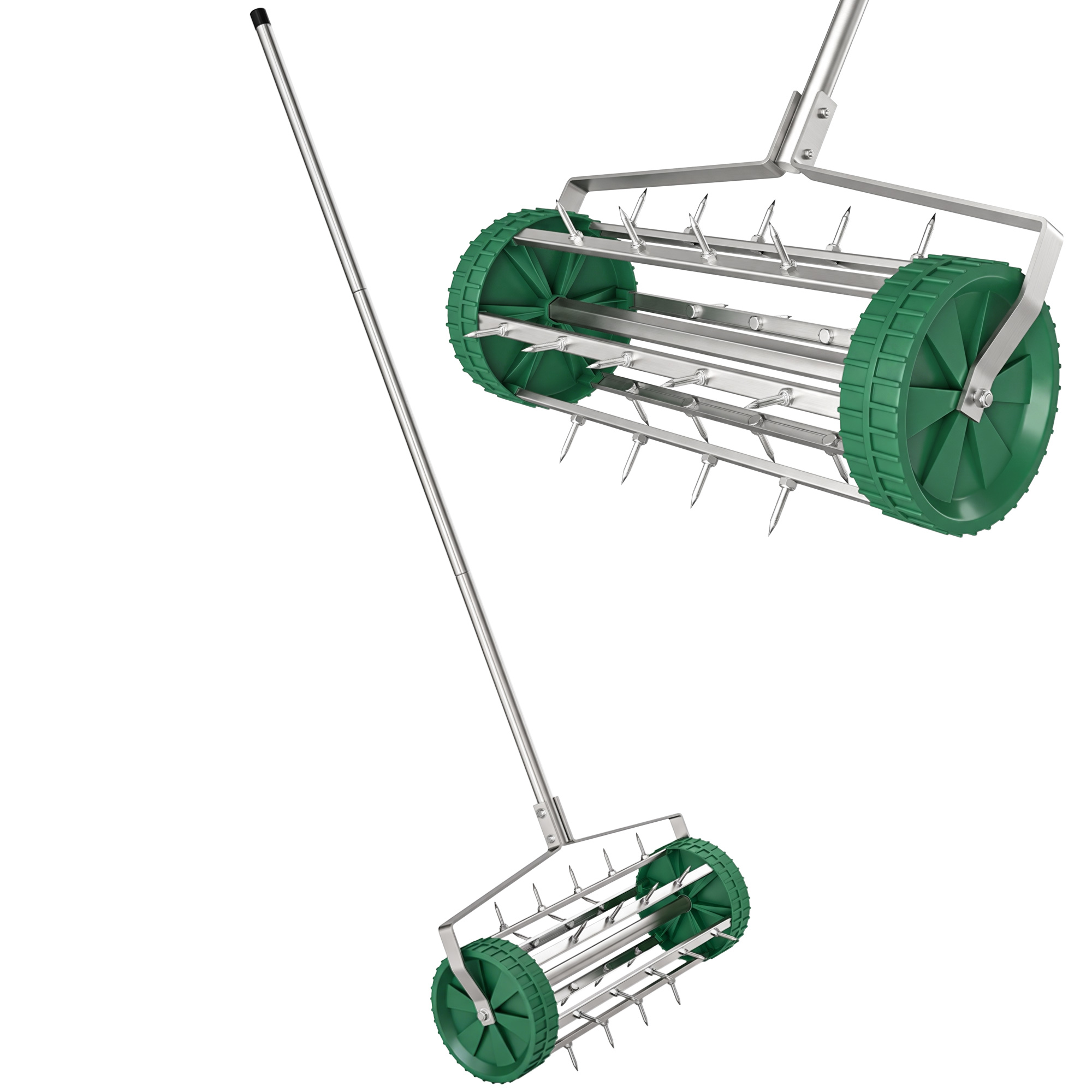 Outsunny Rastrello Scarificatore con Ruote da Giardino in Ferro zincato 135×42×15cm, Verde e argento Aosom Italy