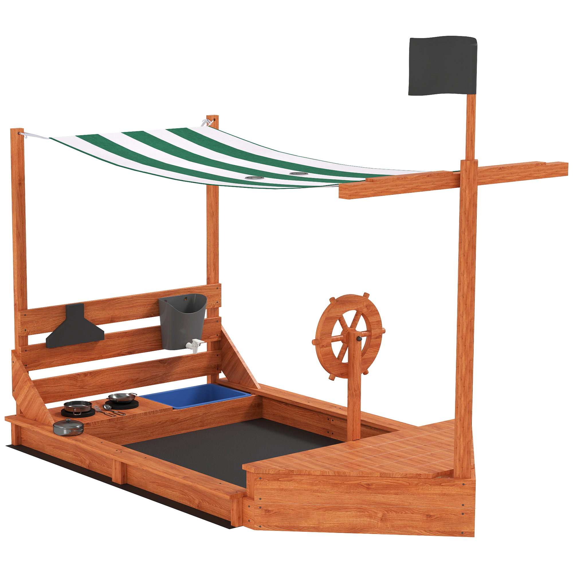 Outsunny Sabbiera con Tetto Parasole a Forma di Nave Pirata in Legno Massiccio, 180x103x144,5 cm, Verde Aosom Italy