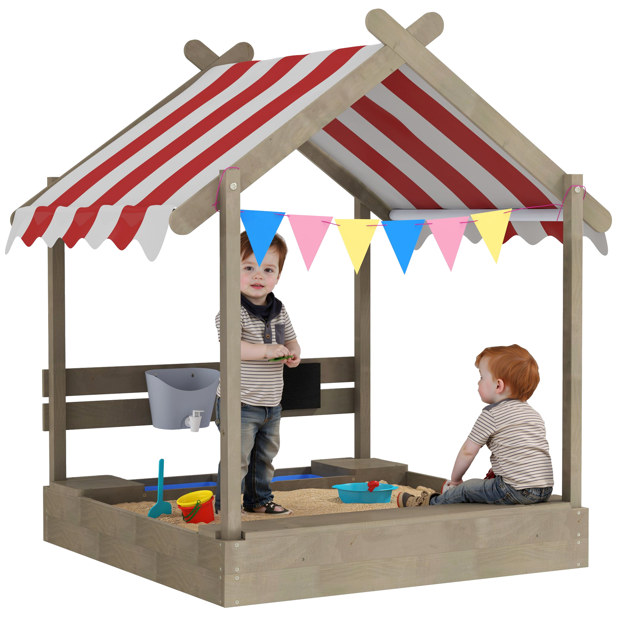 Outsunny Sabbiera con tettuccio, con set di giochi, in legno massello trattato, 124 x 116 x 146 cm, Grigio Aosom Italy