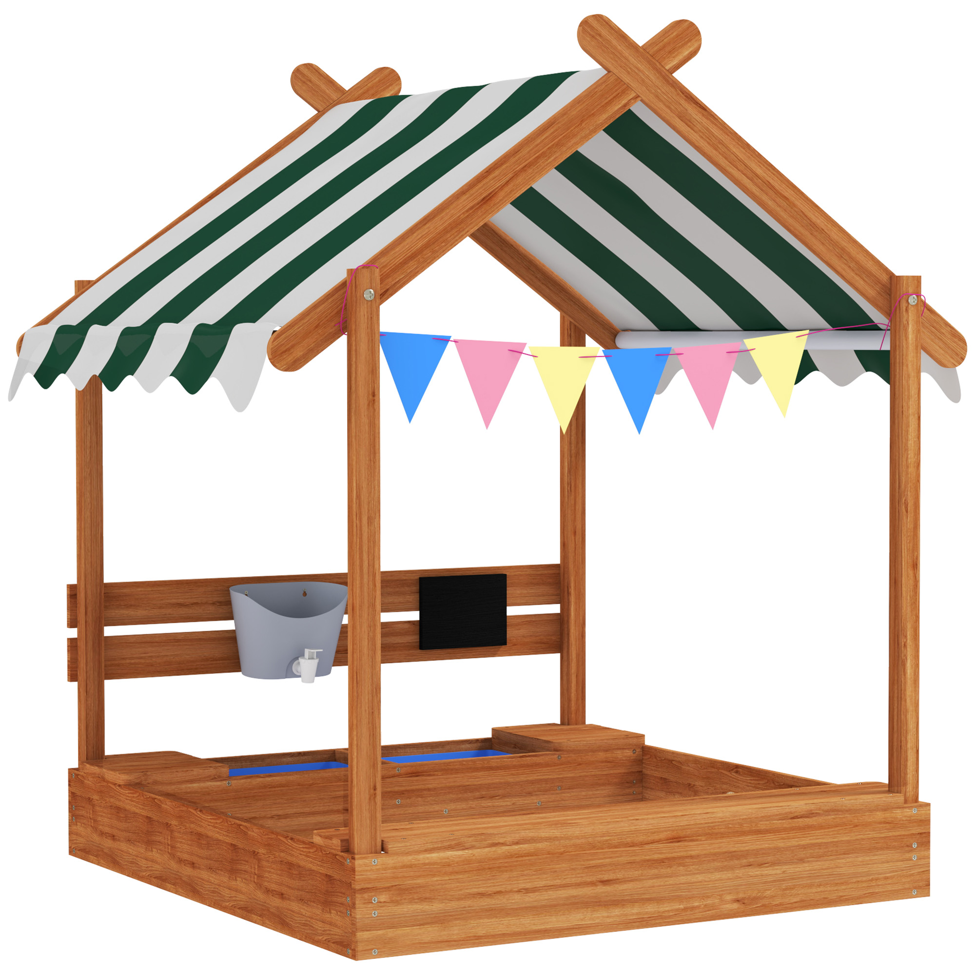 Outsunny Sabbiera per Bambini con Tenda 6 Bandierine 2 Vaschette Rubinetto e Lavagna a Casetta per Patio 124x116x146 cm Arancione Aosom Italy