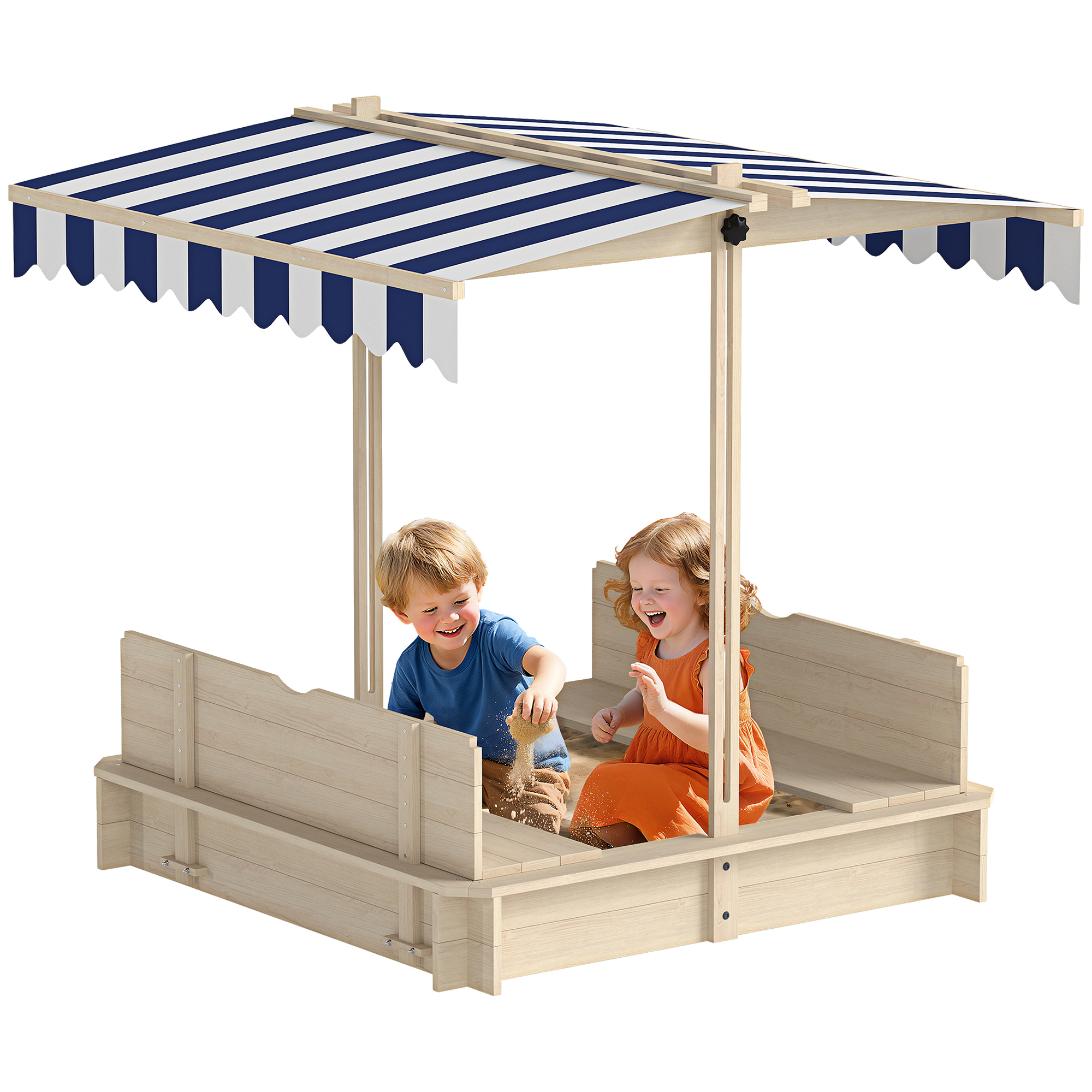 Outsunny Sabbiera per Bambini in Legno con Tettuccio Parasole, Panca e Coperchio, 106x106x121cm Bianco e Blu