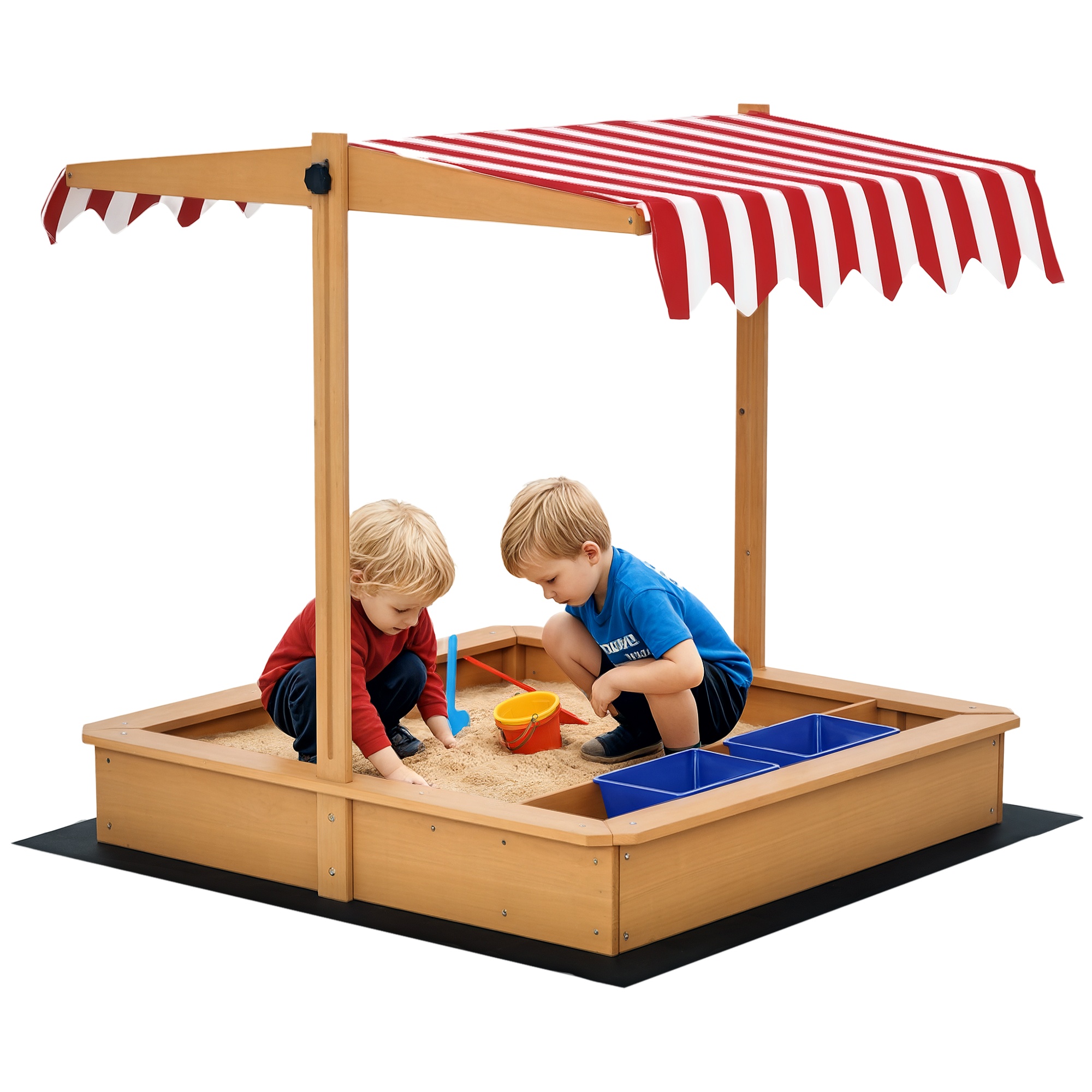 Outsunny Sabbiera per Bambini in Legno con Tettuccio Regolabile in Altezza, Gioco da Giardino con Sedute sui Bordi e Vaschette, 107.5x107.5x110cm
