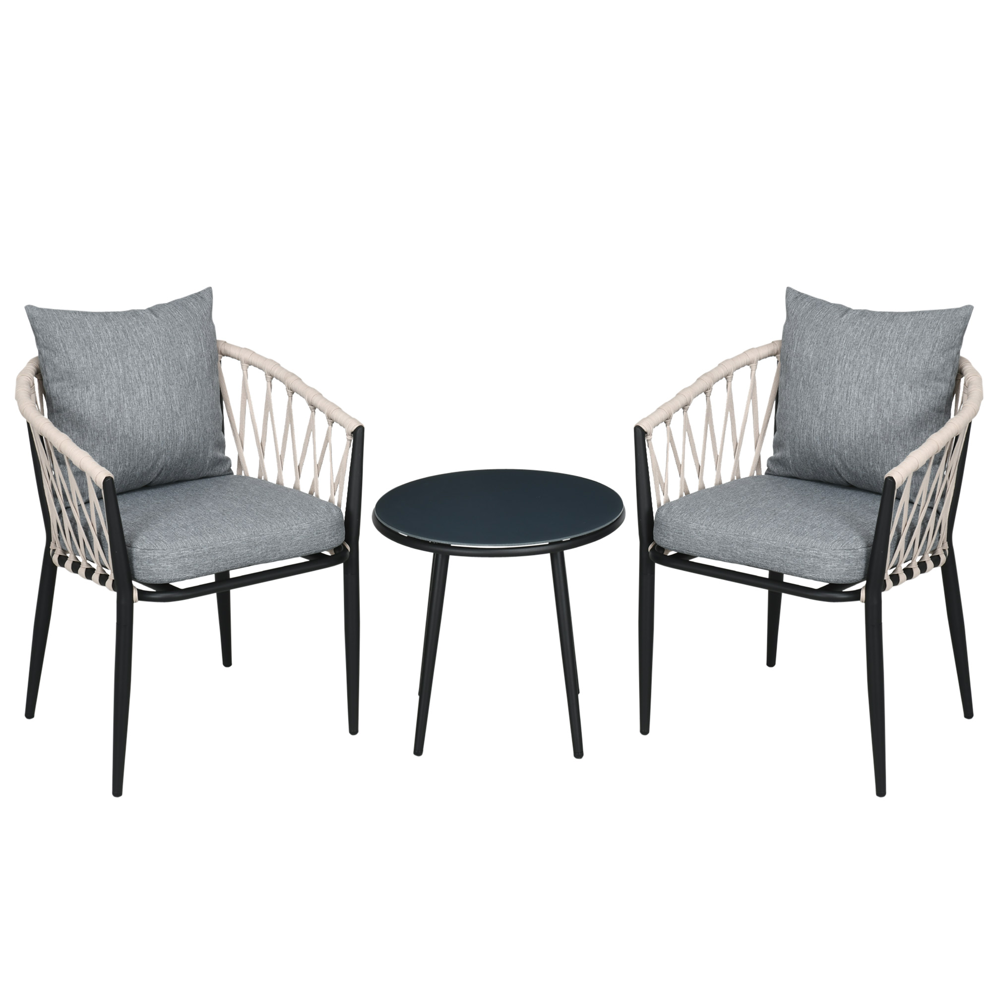 Outsunny Salon de jardin 2 persone 3 pezzi 2 poltrone con cuscini tavolino rotondo piano in vetro temperato corda intrecciata grigio