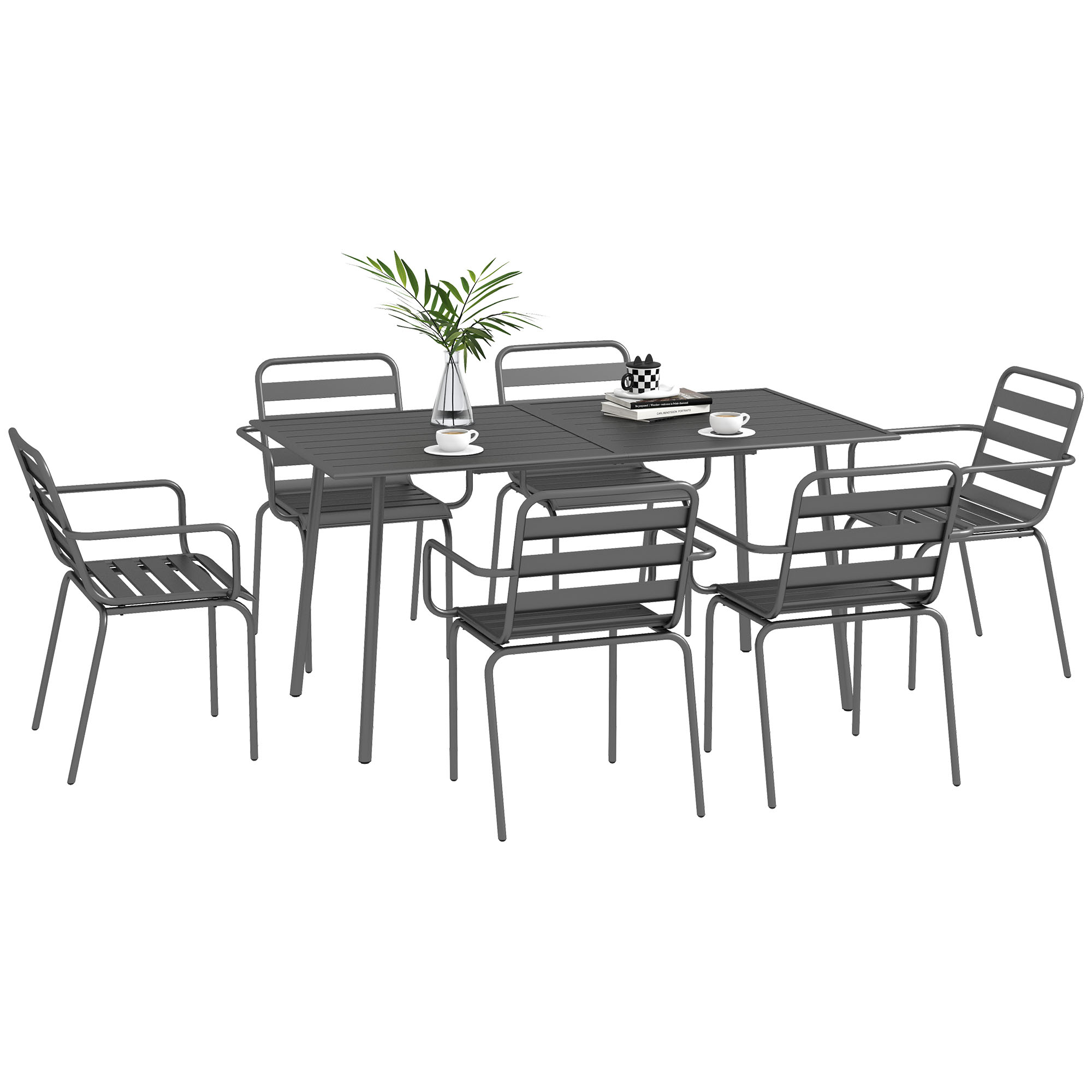 Outsunny Salon de jardin set da pranzo da giardino 7 pezzi con 1 tavolo e 6 sedie impilabili in acciaio grigio