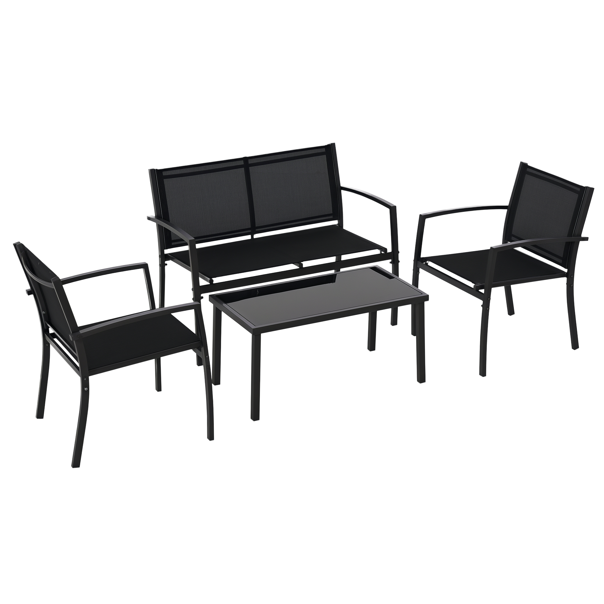 Outsunny Salotto da Esterno, Set 4 Pezzi con 1 Tavolino, 2 Sedie da Giardino e 1 Panca in Metallo, Nero Aosom