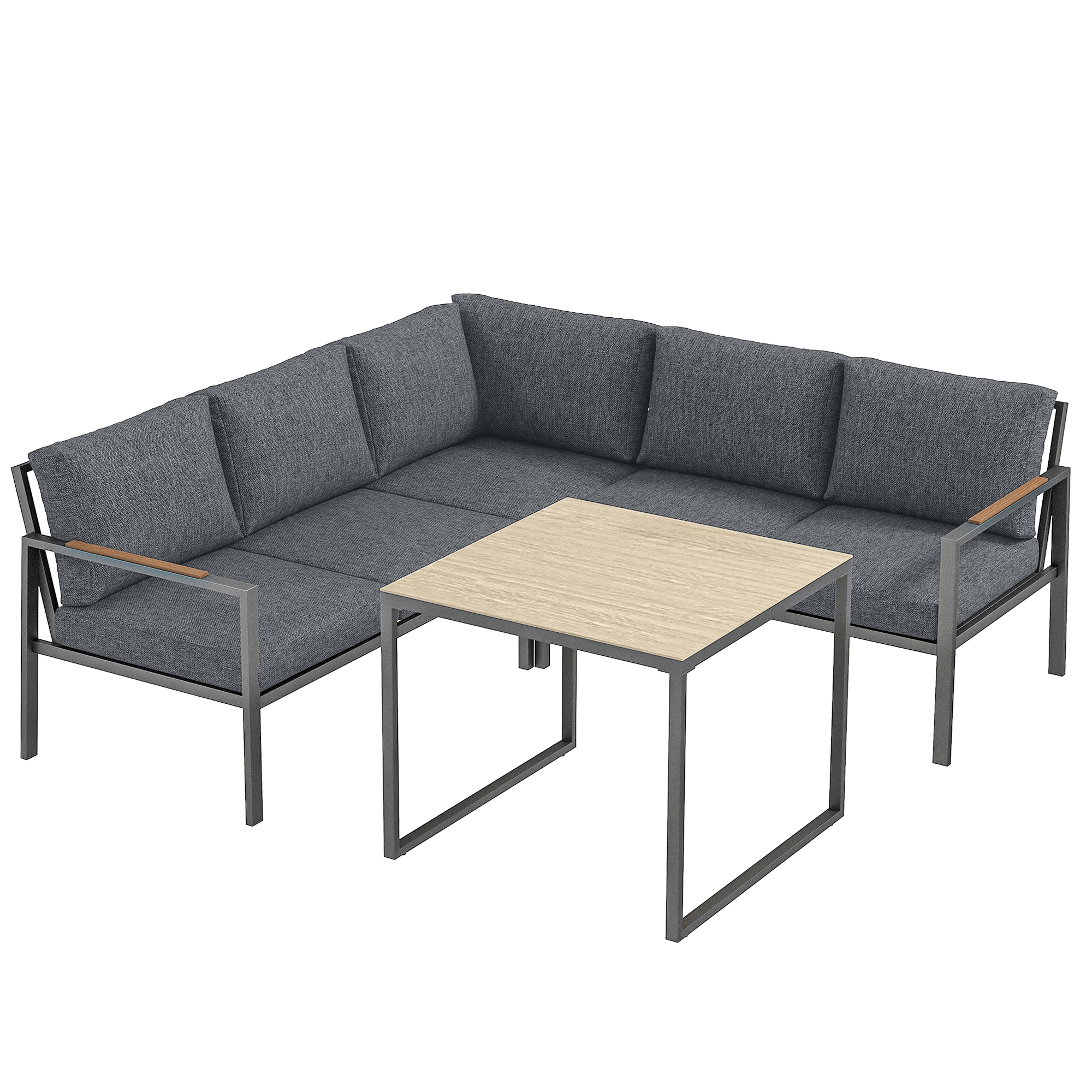 Outsunny Salotto da Giardino Esterno 3 Pezzi per 5 Persone, 2 Divani con Cuscini Spessi, 1 Tavolino, 183x183x72 cm, Grigio Scuro Aosom Italy