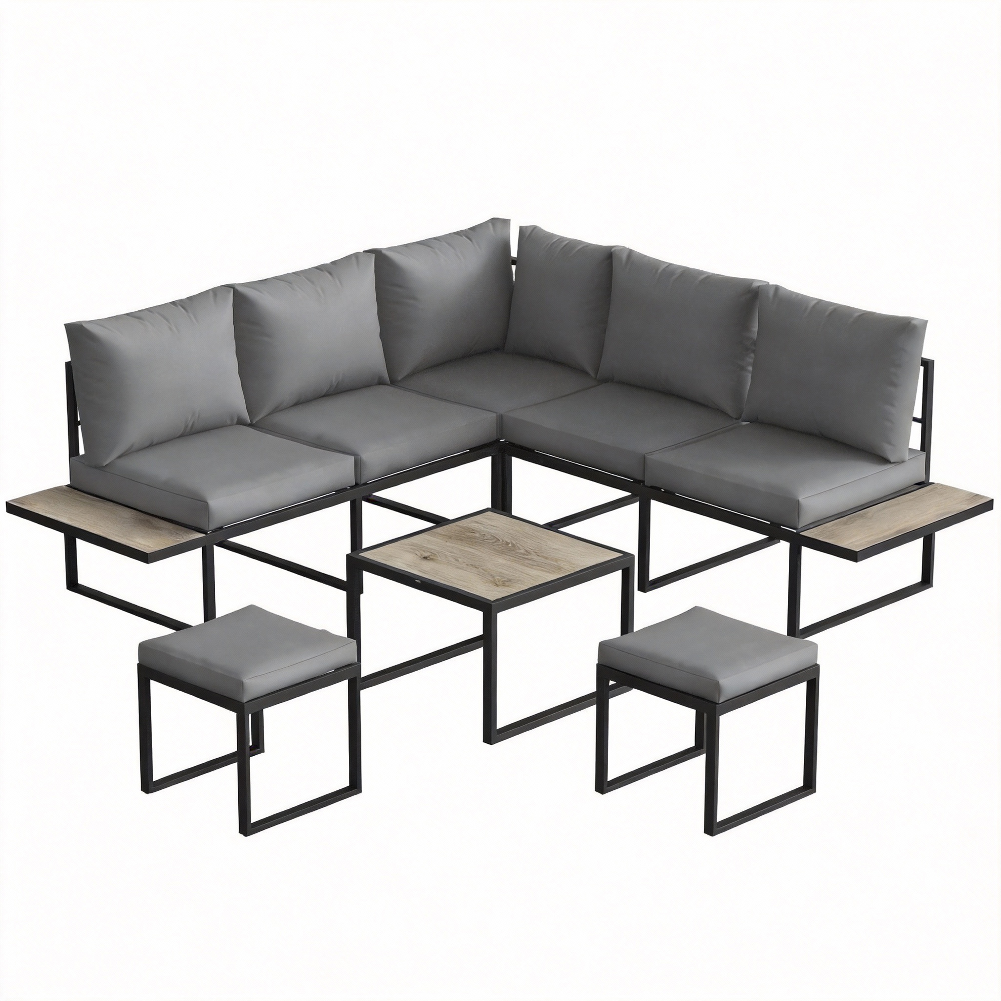 Outsunny Salotto da giardino esterno 6 persone modulabile tavolino e piani laterali in legno PSPC cuscini spessi 10 cm grigio Aosom Italy