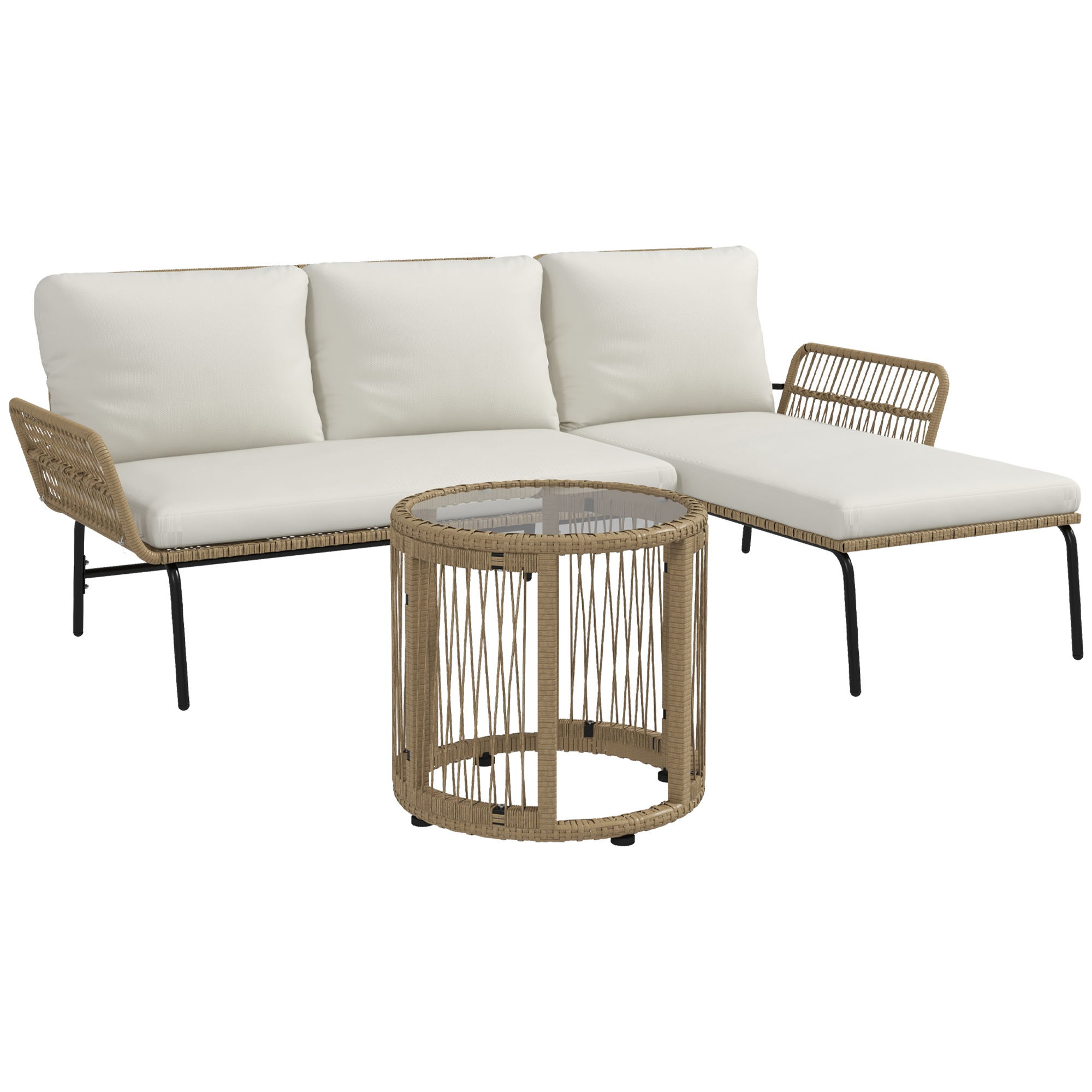 Outsunny Salotto da giardino esterno angolare 3 posti in resina intrecciata con divani, chaise longue, tavolino e cuscini, crema Aosom Italy