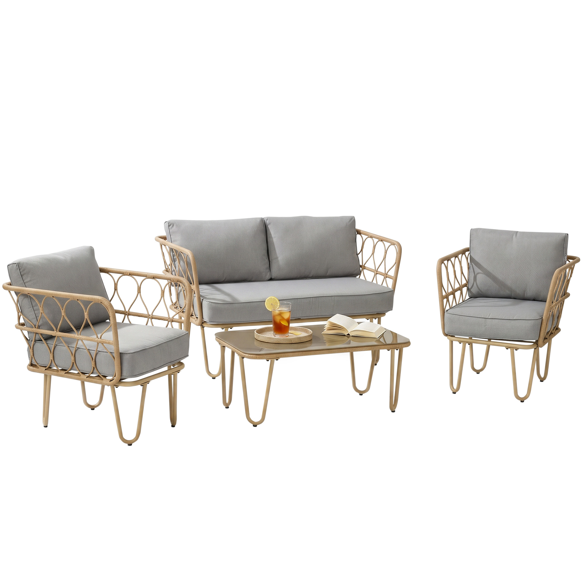 Outsunny Salotto da Giardino Rattan 4 Pezzi con Divano 2 Posti, 2 Poltrone e Tavolino con Piano in Vetro, Cuscini Sfoderabili e Lavabili, Giallo Aosom