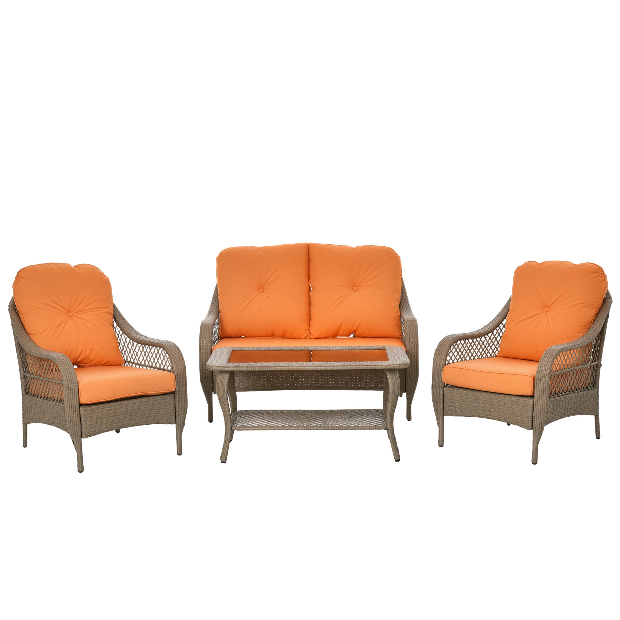 Outsunny Salotto da Giardino Rattan PE con 2 Poltrone Divano a 2 Posti e Tavolo e Cuscini, Colore Khaki e Arancione Aosom