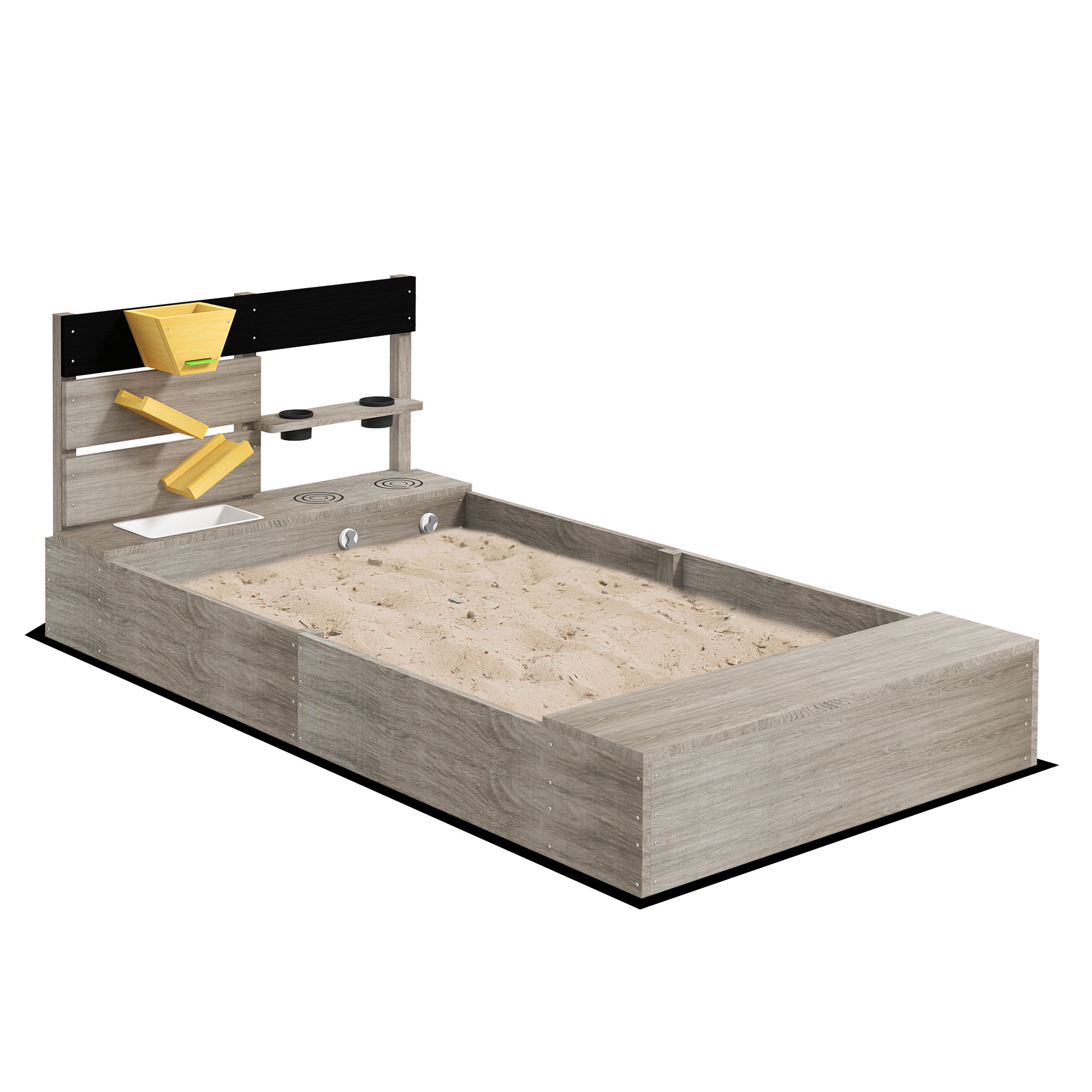 Outsunny Sandbox con stazione acqua, 2 vasi da giardino, legno massiccio trattato, 154 x 80 x 60cm, Grigio